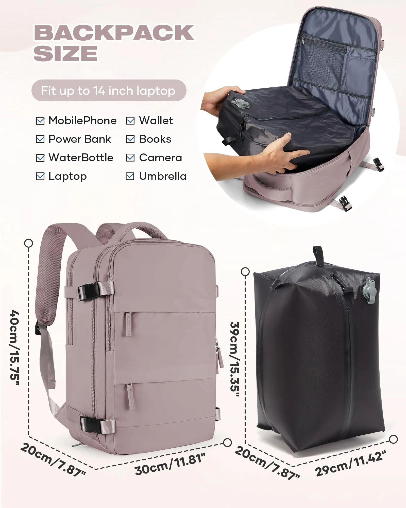SZLX Zaino da Viaggio 40x30x20 Sottovuoto con Pompa per Ryanair e Wizzair, Impermeabile, Scomparto Laptop 14 Pollici e Scomparto per Scarpe - immagine 4