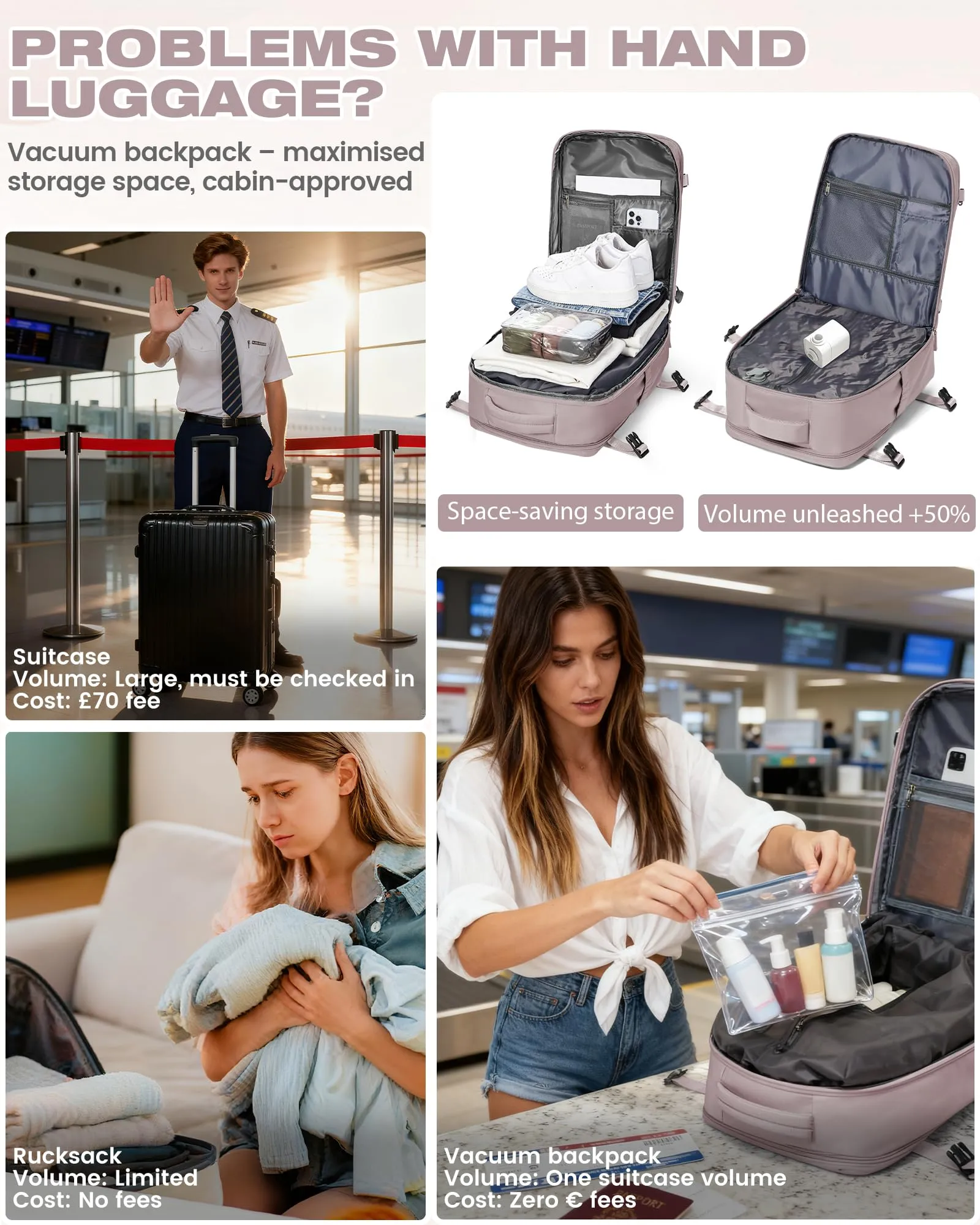 SZLX Zaino da Viaggio 40x30x20 Sottovuoto con Pompa per Ryanair e Wizzair, Impermeabile, Scomparto Laptop 14 Pollici e Scomparto per Scarpe - immagine 8
