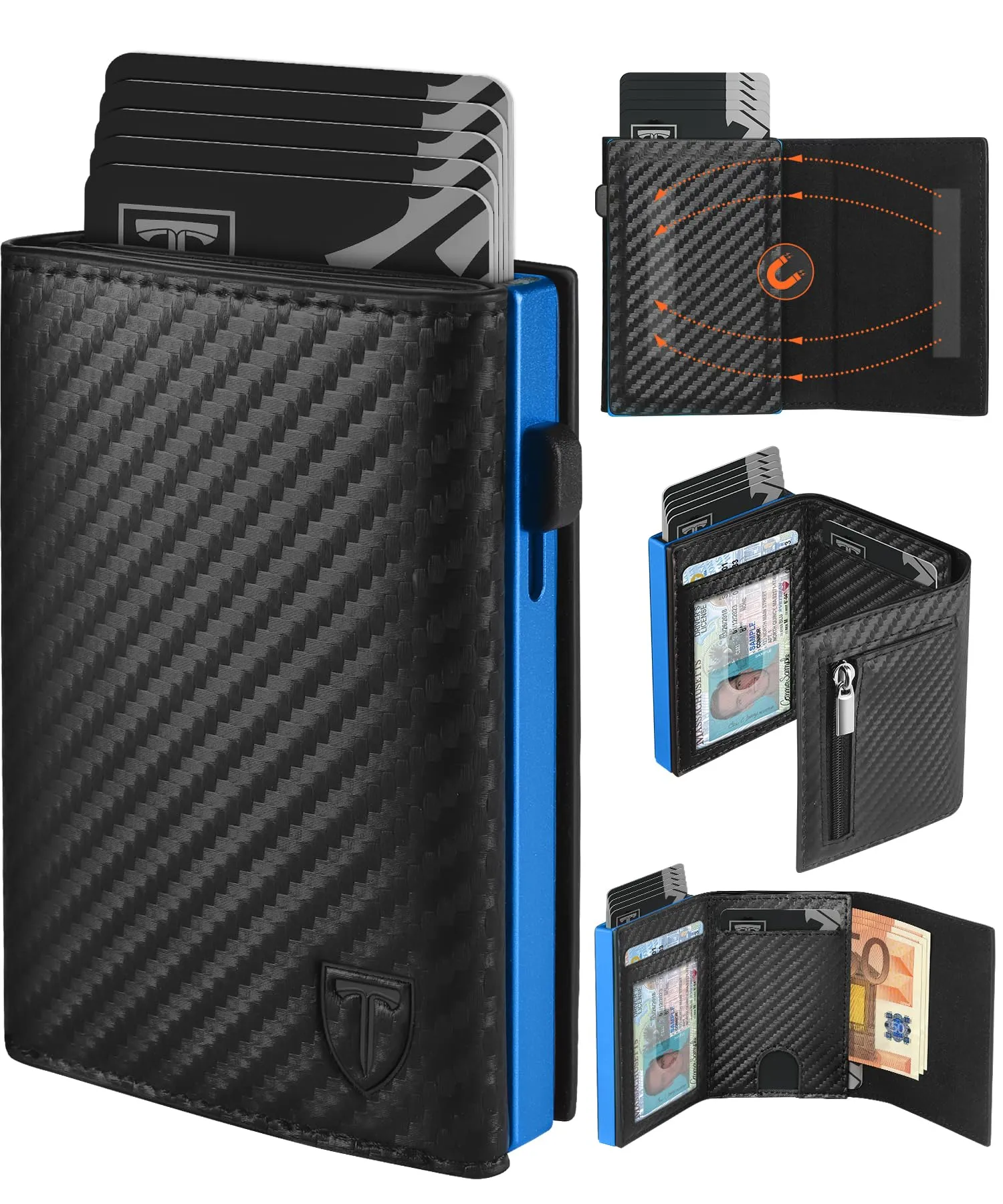 TEEHON Portafoglio Uomo Slim RFID Blocking in Fibra di Carbonio, Blu - immagine 1
