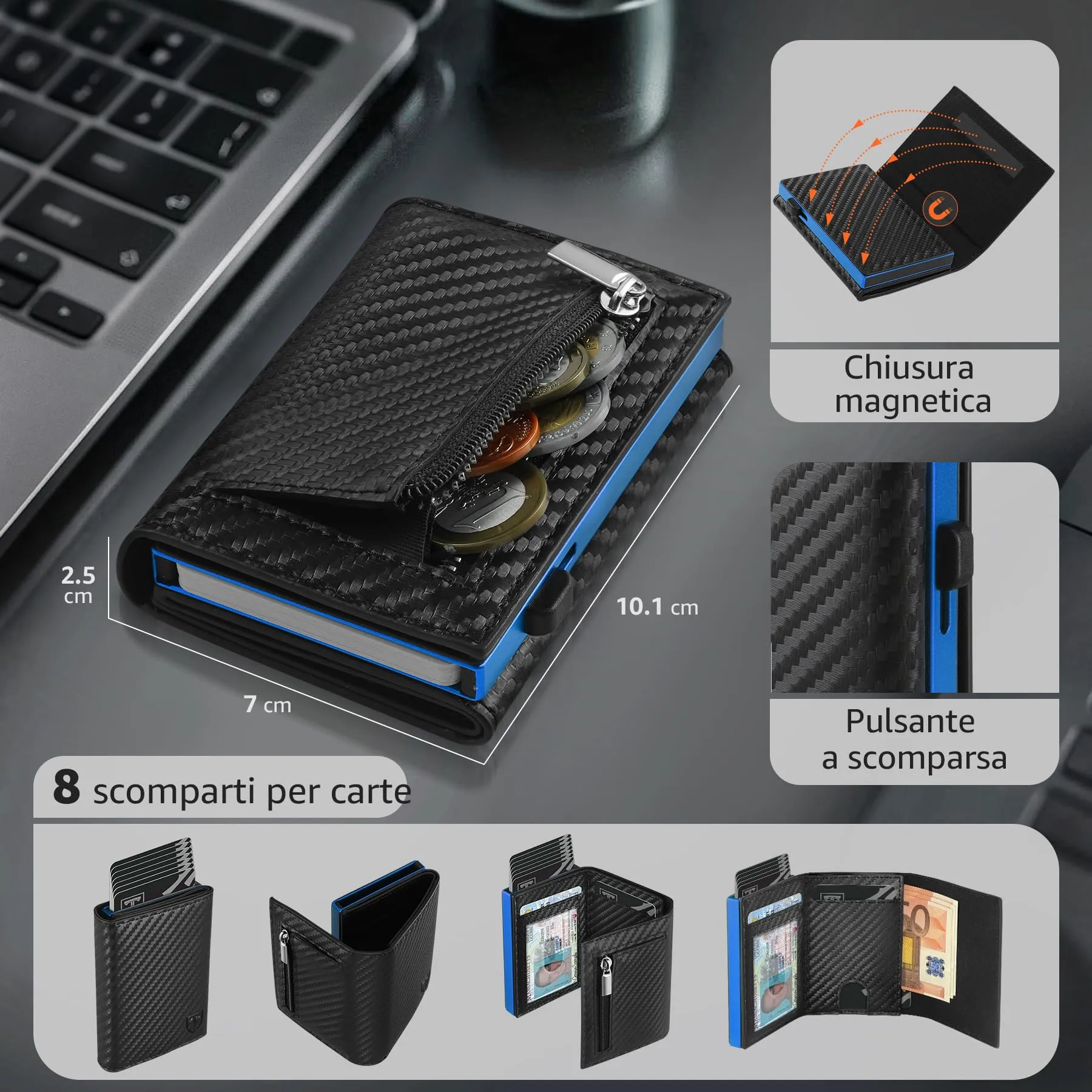 TEEHON Portafoglio Uomo Slim RFID Blocking in Fibra di Carbonio, Blu - immagine 2