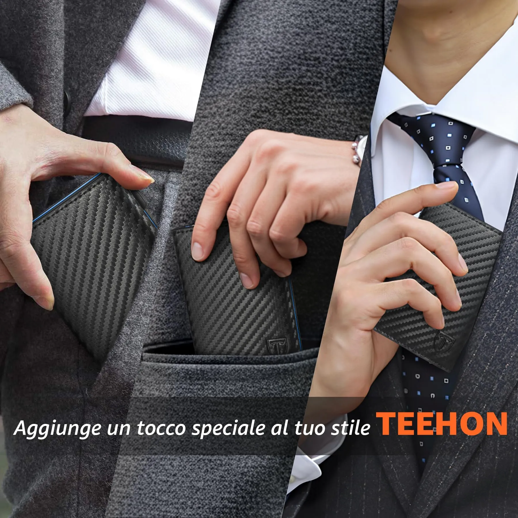 TEEHON Portafoglio Uomo Slim RFID Blocking in Fibra di Carbonio, Blu - immagine 6