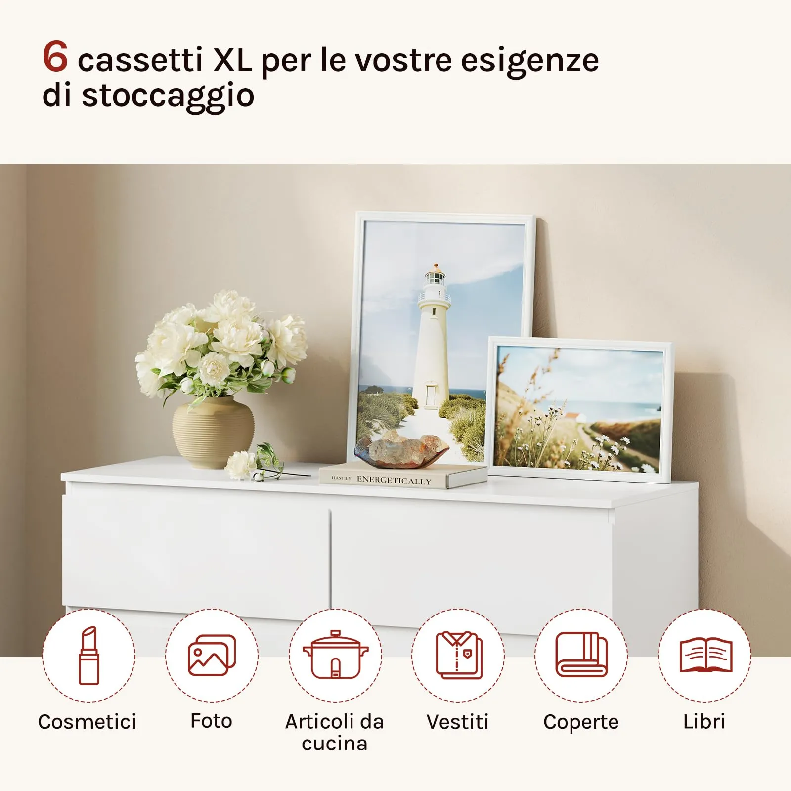 WOLTU Cassettiera Mobiletto Salvaspazio 6 Cassetti Bianco KMD007ws - immagine 4