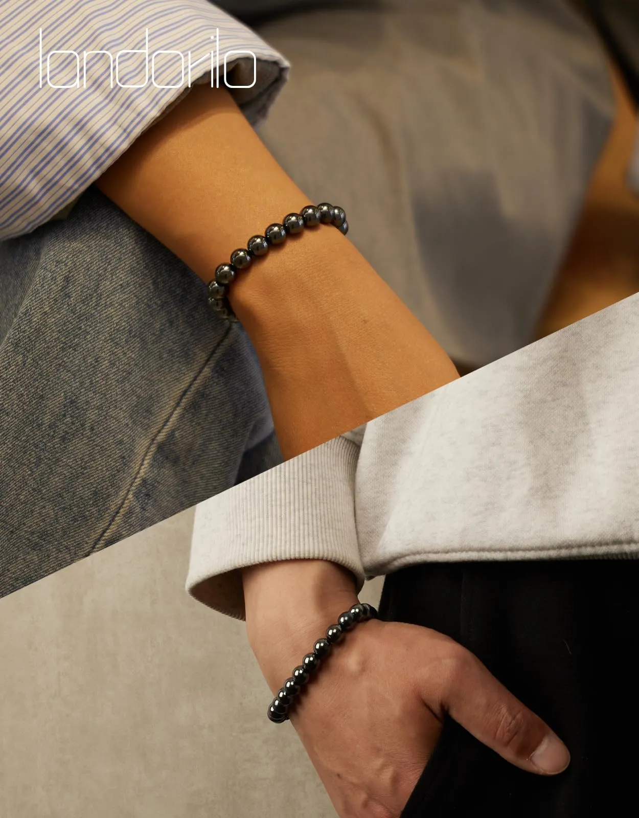 Landorilo Bracciale in Pietre Naturali Ematite per Donna Uomo, 19 cm - immagine 2