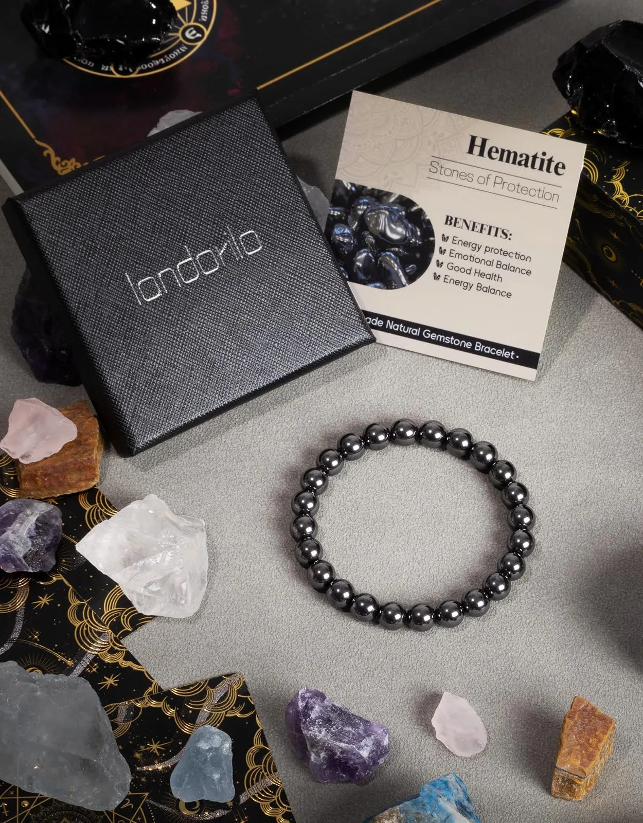 Landorilo Bracciale in Pietre Naturali Ematite per Donna Uomo, 19 cm - immagine 4