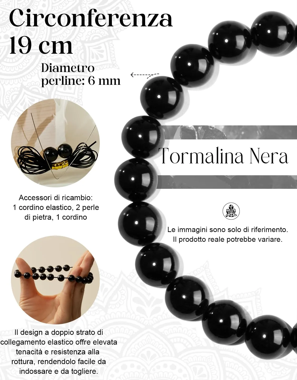 Landorilo Bracciale in Pietre Naturali, Tormalina Nera, 19 cm - immagine 3