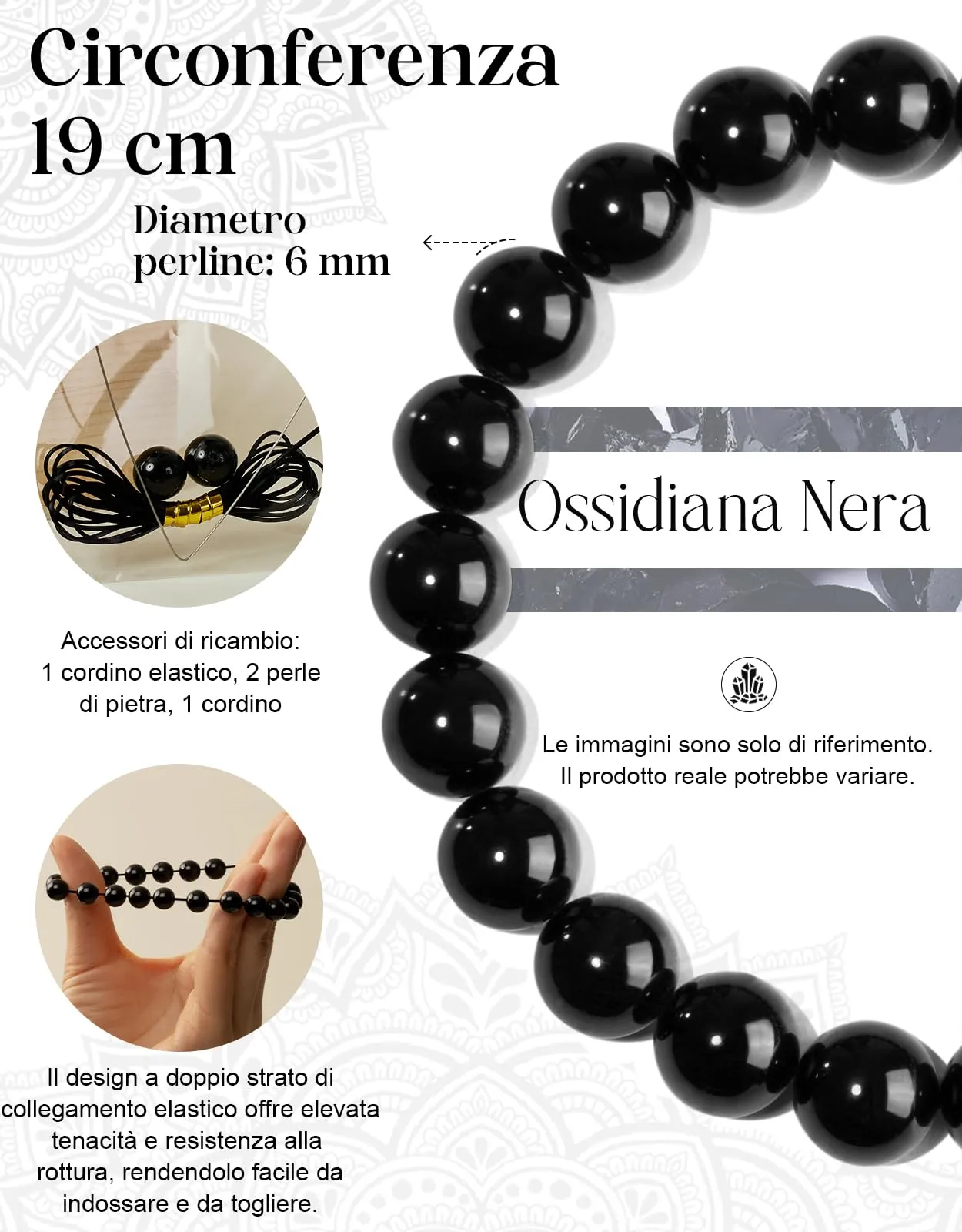 Landorilo Bracciale in Pietre Naturali Ossidiana Nera, 19 cm - immagine 3