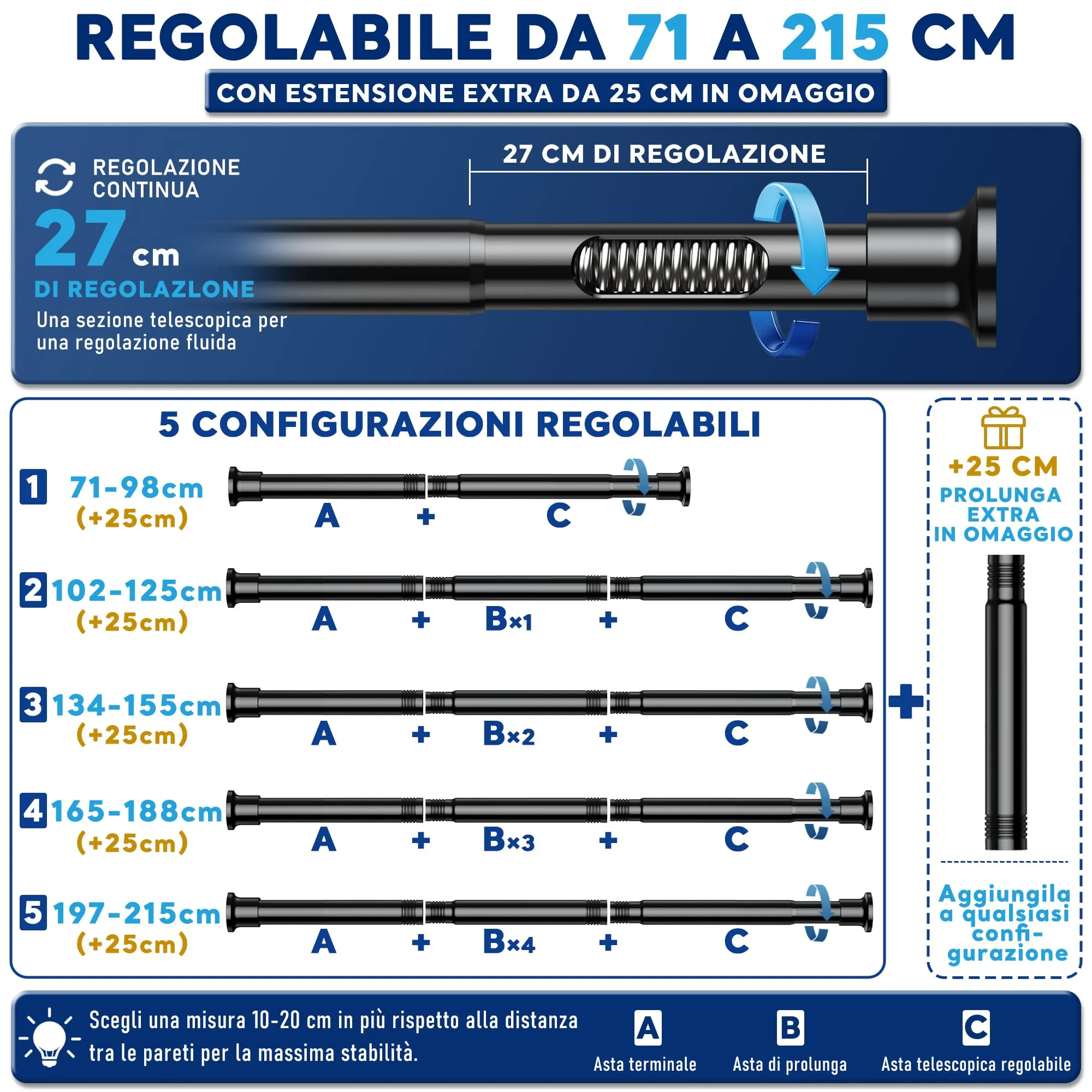 BSYXLSX Bastone Tenda a Pressione, Nero, 71-215 cm, Ø 25 mm - immagine 2