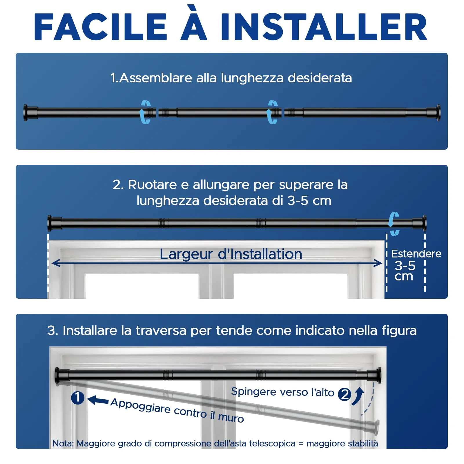 BSYXLSX Bastone Tenda a Pressione, Nero, 71-215 cm, Ø 25 mm - immagine 8