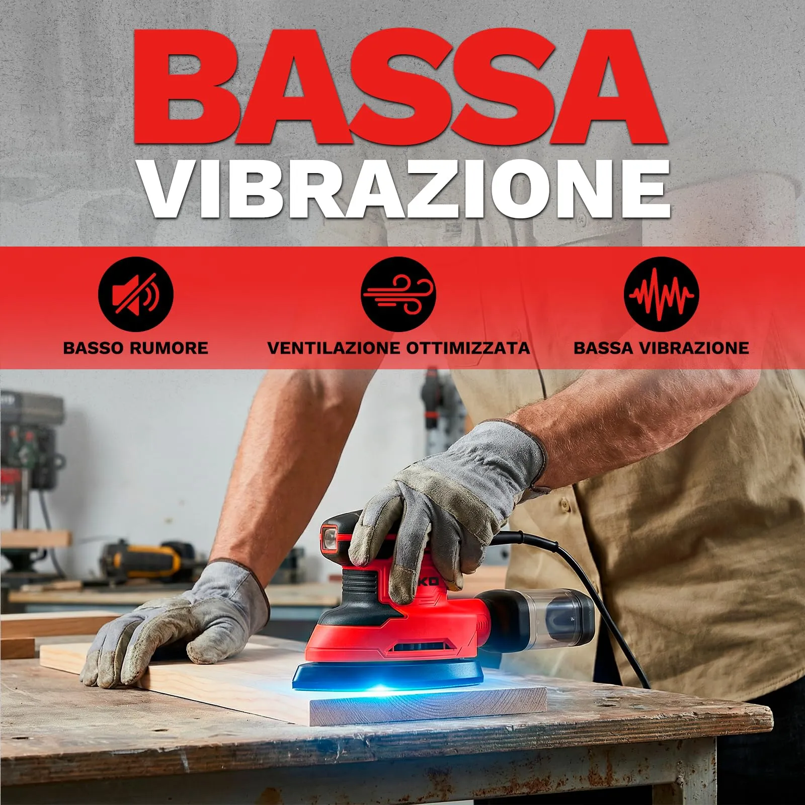 DEKOPRO Levigatrice Mouse Elettrica 180W 13000 RPM, 15 Carte Abrasive, Rosso - immagine 3