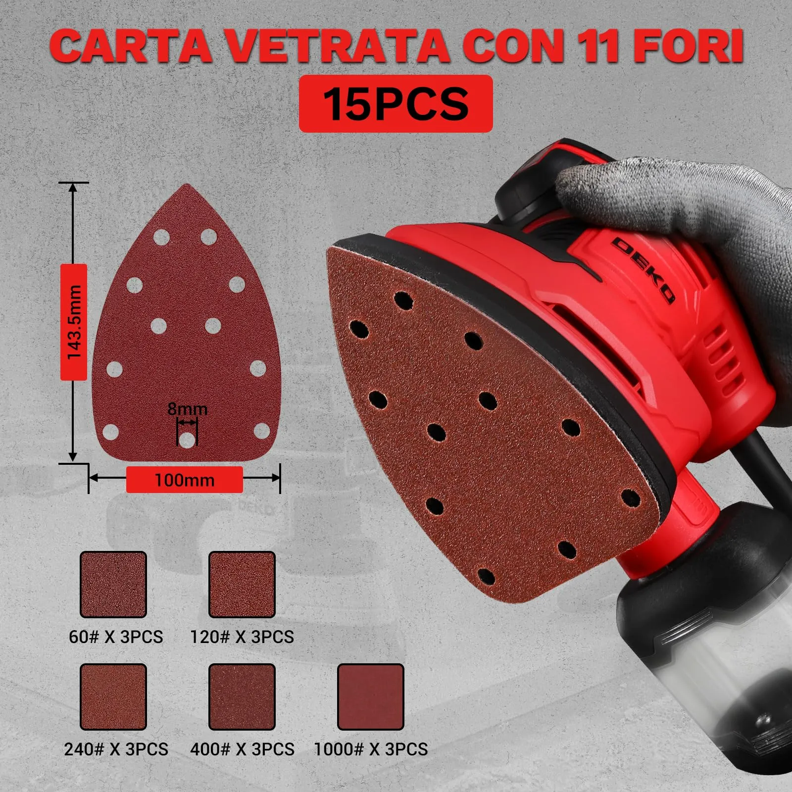 DEKOPRO Levigatrice Mouse Elettrica 180W 13000 RPM, 15 Carte Abrasive, Rosso - immagine 4