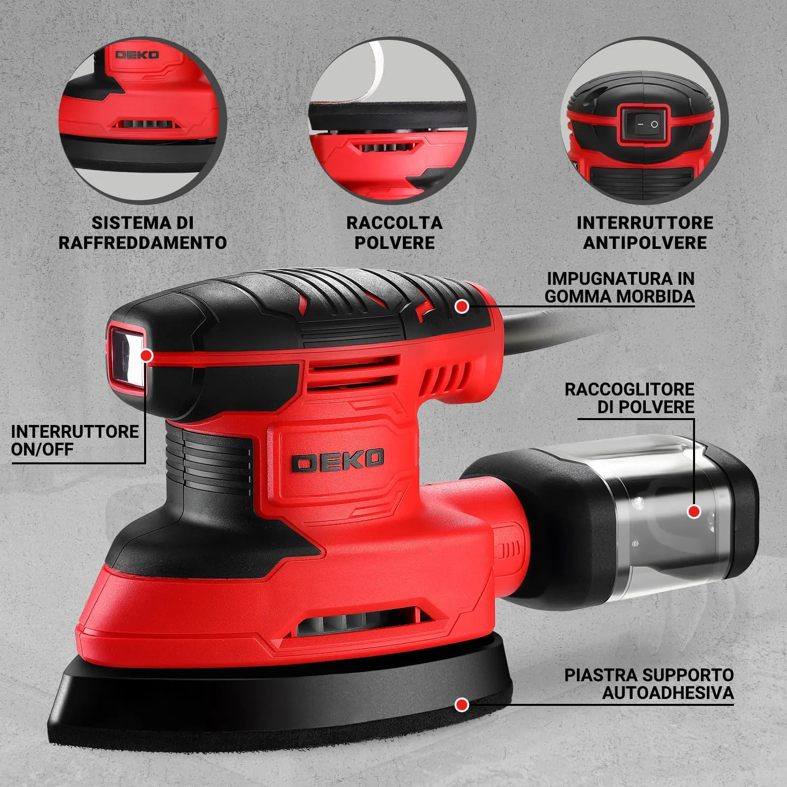DEKOPRO Levigatrice Mouse Elettrica 180W 13000 RPM, 15 Carte Abrasive, Rosso - immagine 5
