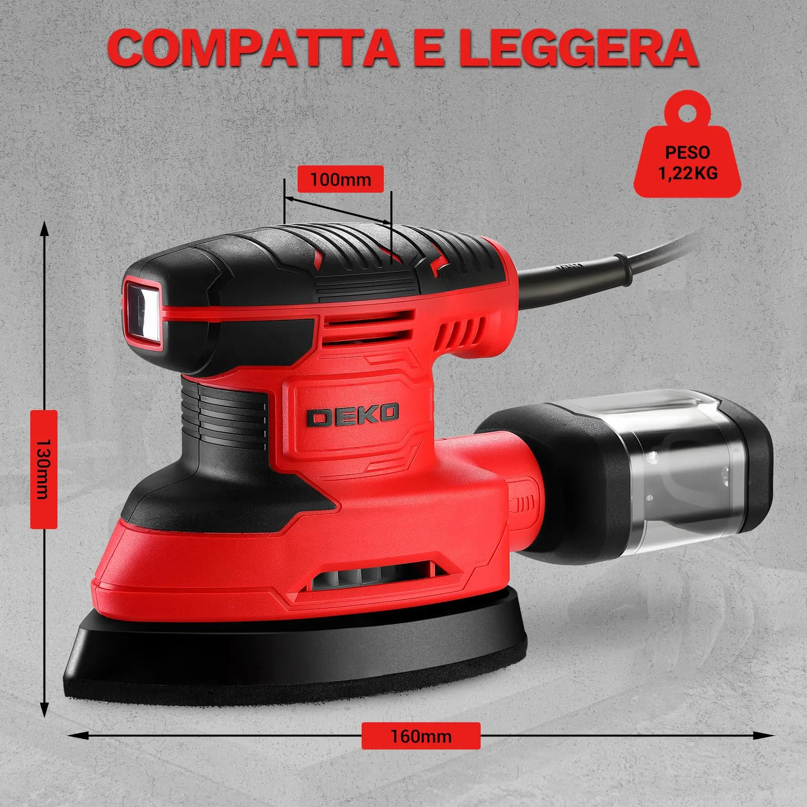 DEKOPRO Levigatrice Mouse Elettrica 180W 13000 RPM, 15 Carte Abrasive, Rosso - immagine 6