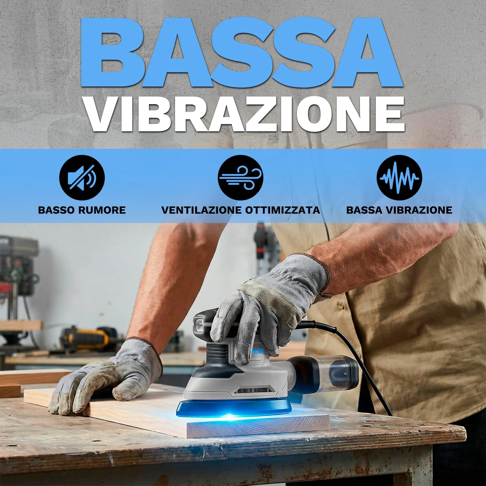 DEKOPRO Levigatrice Mouse Elettrica 180W 13000 RPM con 15 Carte Abrasive, Blu-grigio - immagine 3