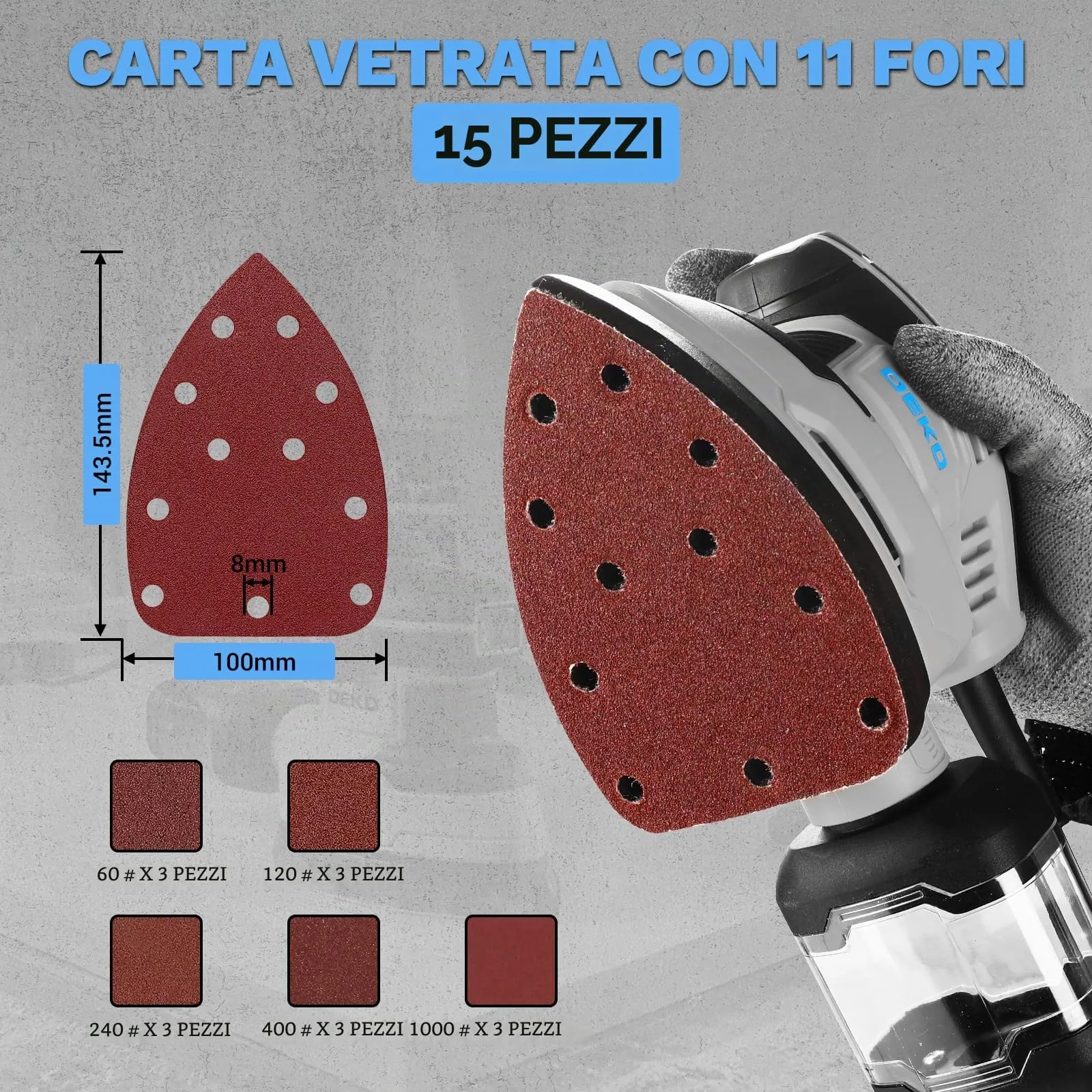 DEKOPRO Levigatrice Mouse Elettrica 180W 13000 RPM con 15 Carte Abrasive, Blu-grigio - immagine 4
