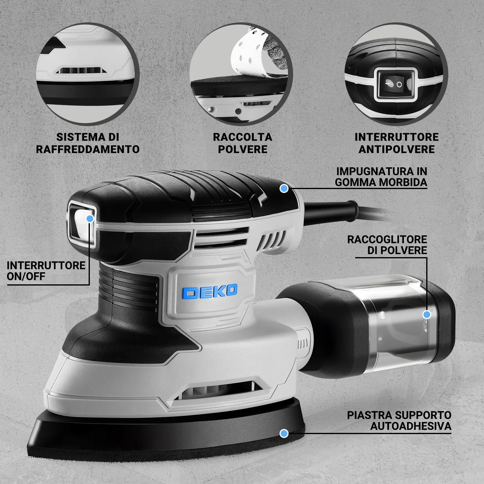 DEKOPRO Levigatrice Mouse Elettrica 180W 13000 RPM con 15 Carte Abrasive, Blu-grigio - immagine 5