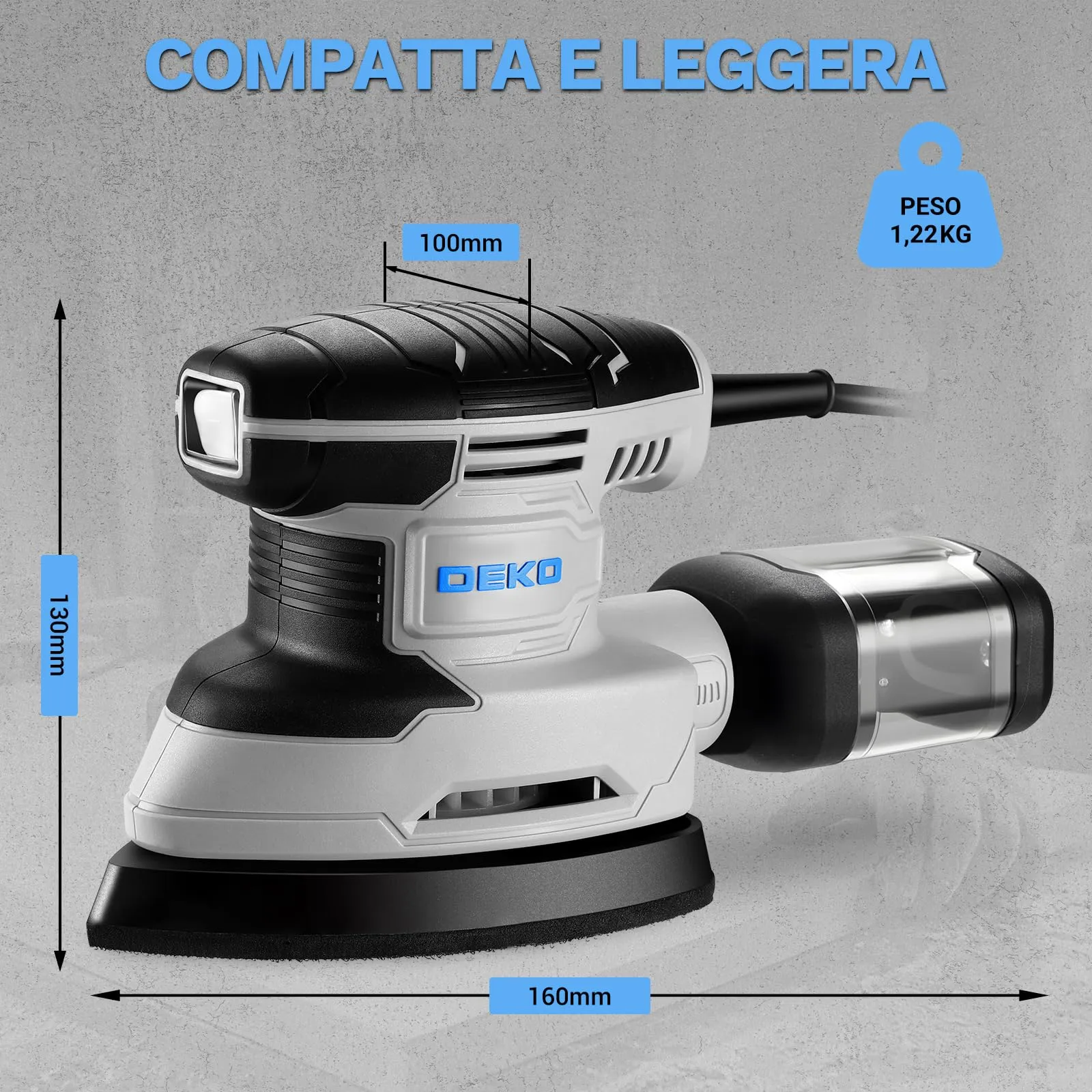DEKOPRO Levigatrice Mouse Elettrica 180W 13000 RPM con 15 Carte Abrasive, Blu-grigio - immagine 9