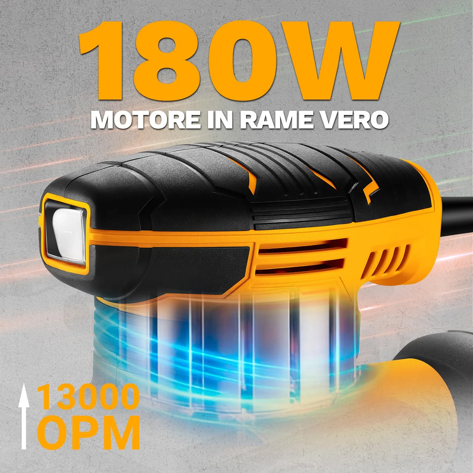 DEKOPRO Levigatrice Mouse Elettrica 180W 13000 RPM con 15 Carte Abrasive, Giallo e Nero - immagine 2