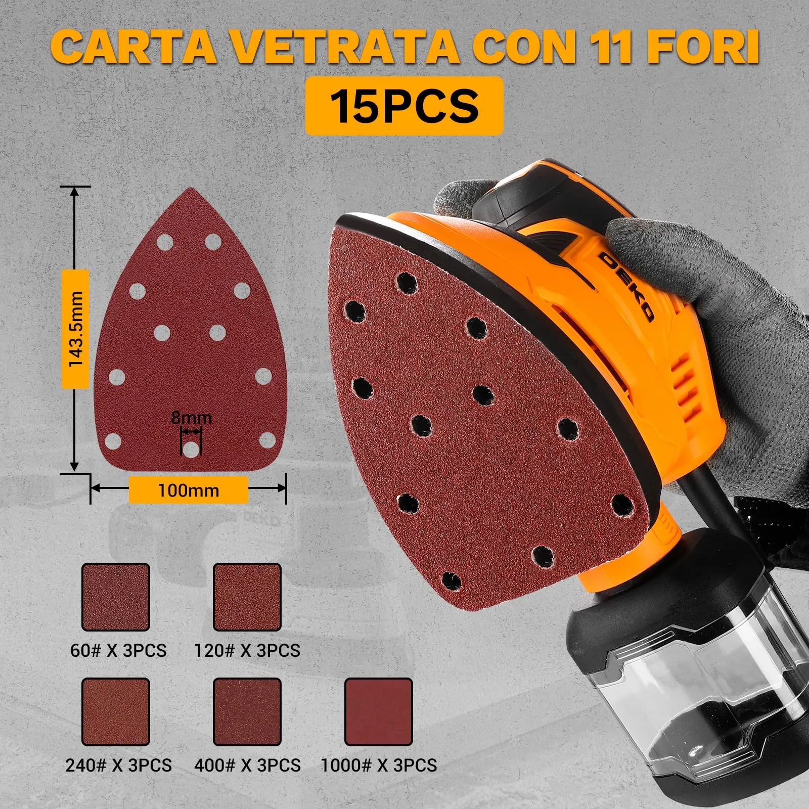 DEKOPRO Levigatrice Mouse Elettrica 180W 13000 RPM con 15 Carte Abrasive, Giallo e Nero - immagine 4