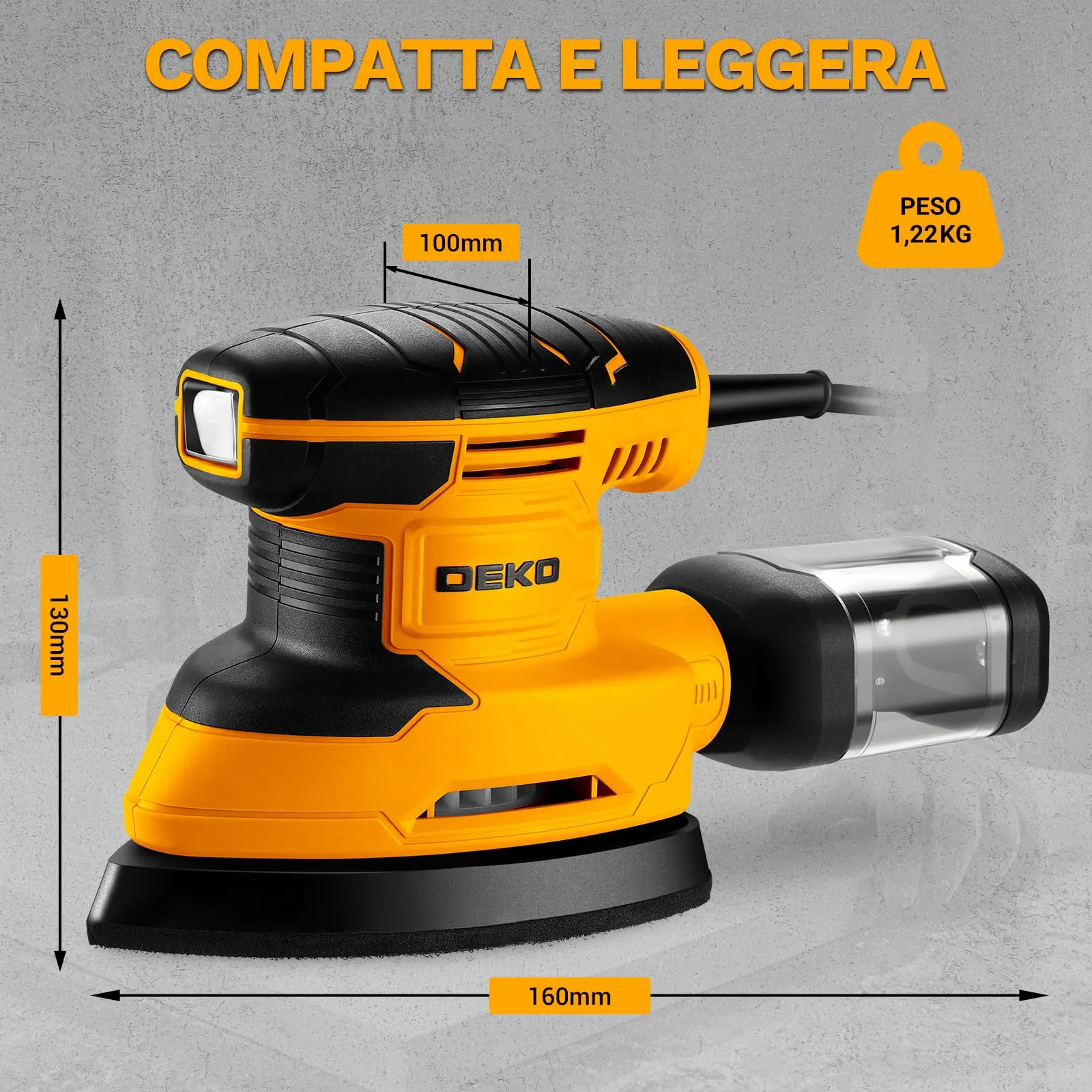 DEKOPRO Levigatrice Mouse Elettrica 180W 13000 RPM con 15 Carte Abrasive, Giallo e Nero - immagine 6