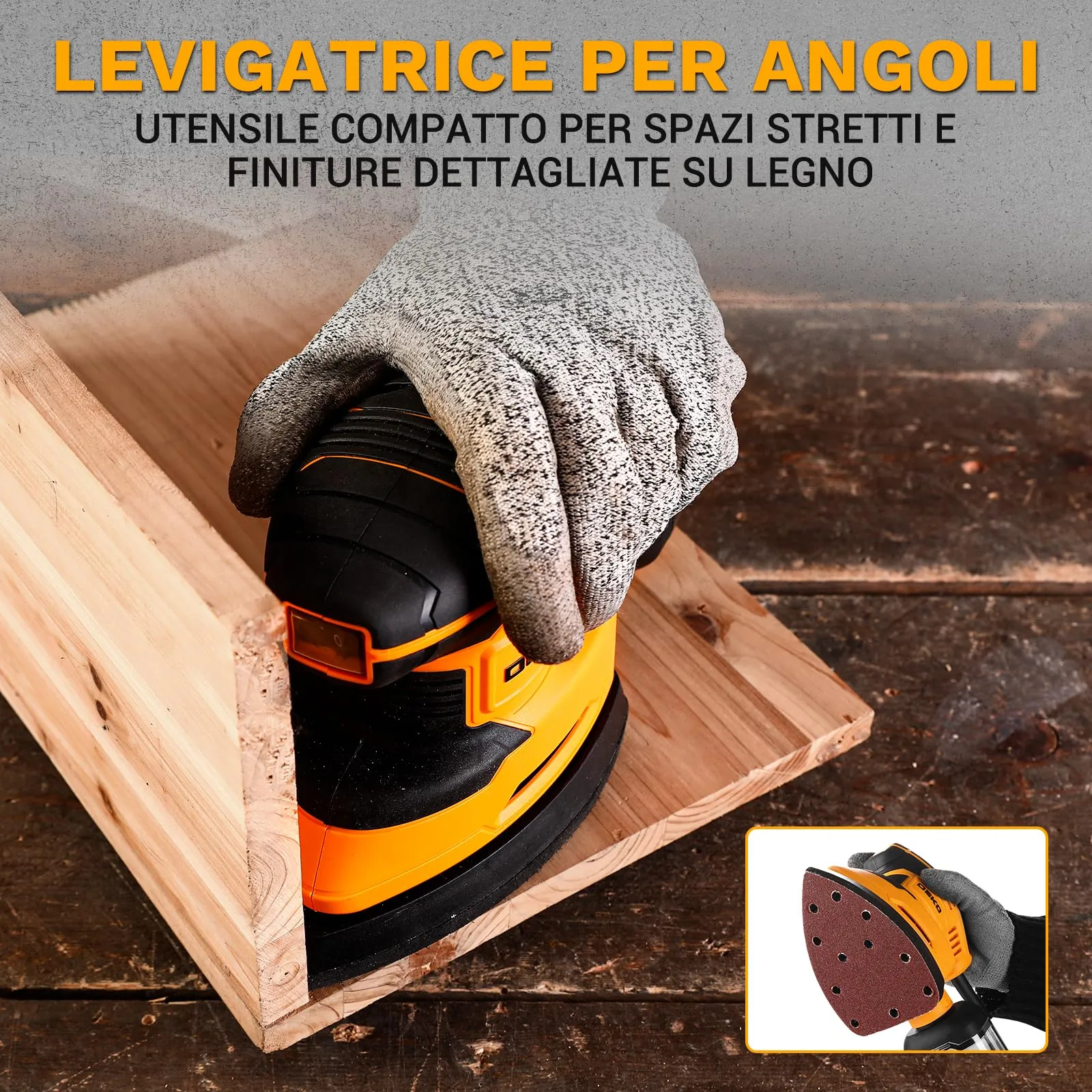 DEKOPRO Levigatrice Mouse Elettrica 180W 13000 RPM con 15 Carte Abrasive, Giallo e Nero - immagine 7