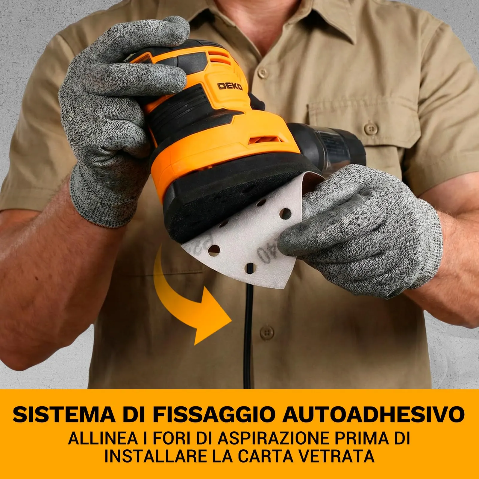 DEKOPRO Levigatrice Mouse Elettrica 180W 13000 RPM con 15 Carte Abrasive, Giallo e Nero - immagine 8