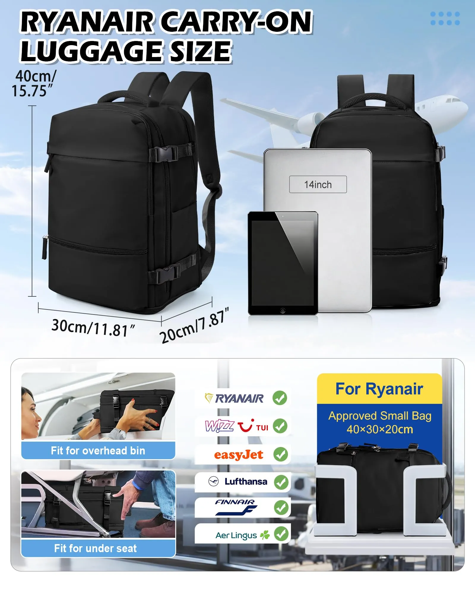 BJLFS Zaino Ryanair 40x30x20 Sottovuoto con Pompa per Viaggio Aereo - immagine 3