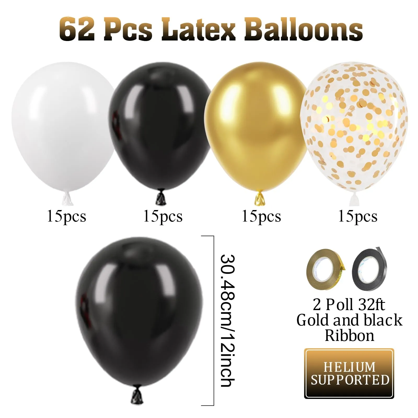 Fairymaiden Palloncini Oro, Nero e Bianco - 60 Pezzi, 12 Pollici - immagine 2