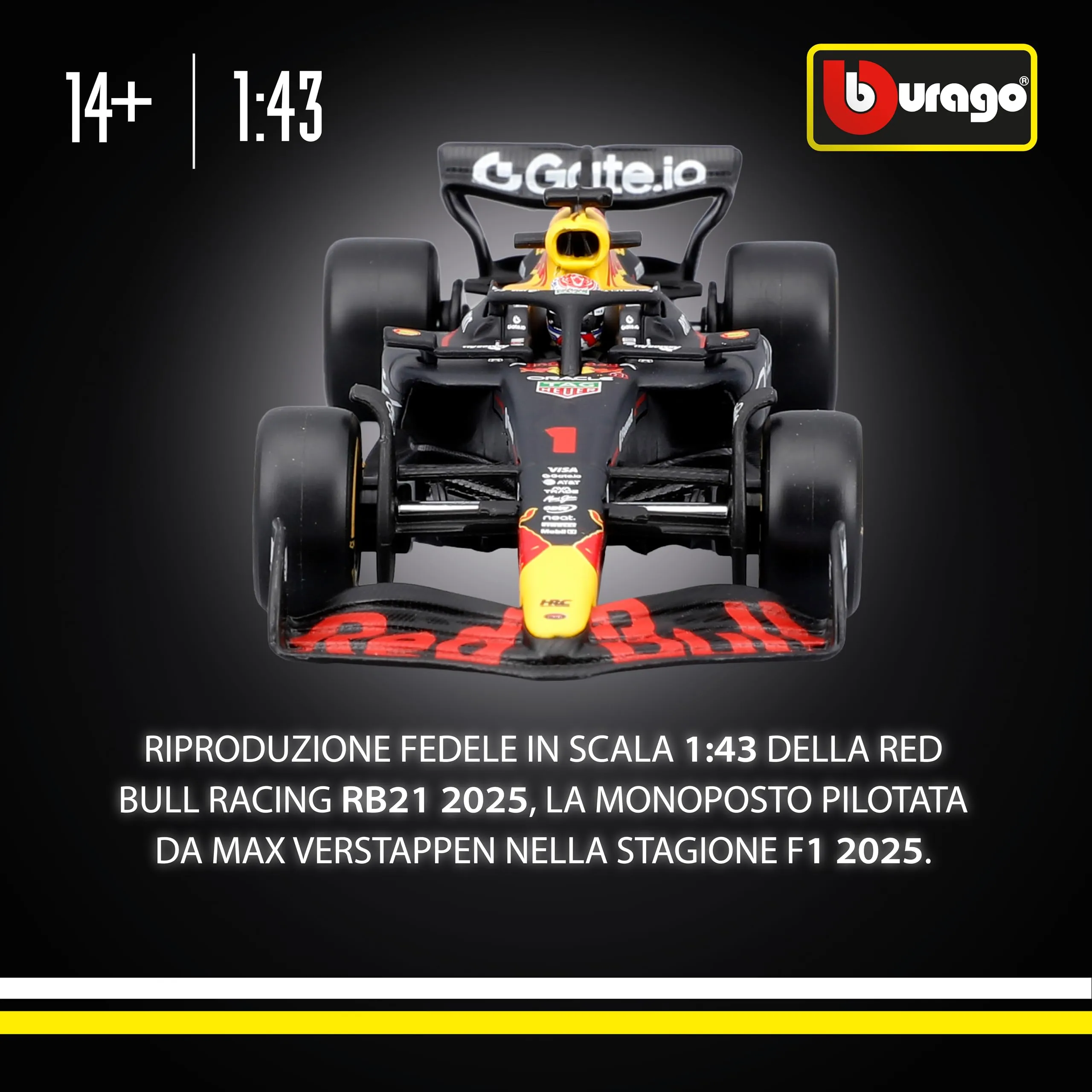 Bburago Red Bull Racing RB21 2025 #1 Max Verstappen, 1:43 Scale Diecast Model with Display Case and Base - immagine 2
