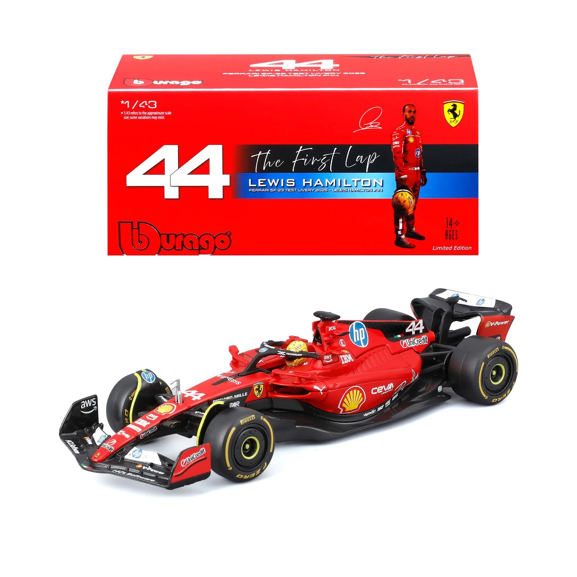 Bburago Ferrari SF-23 Test Fiorano Lewis Hamilton 1:43 Diecast, Number 44, with Display Case - immagine 1