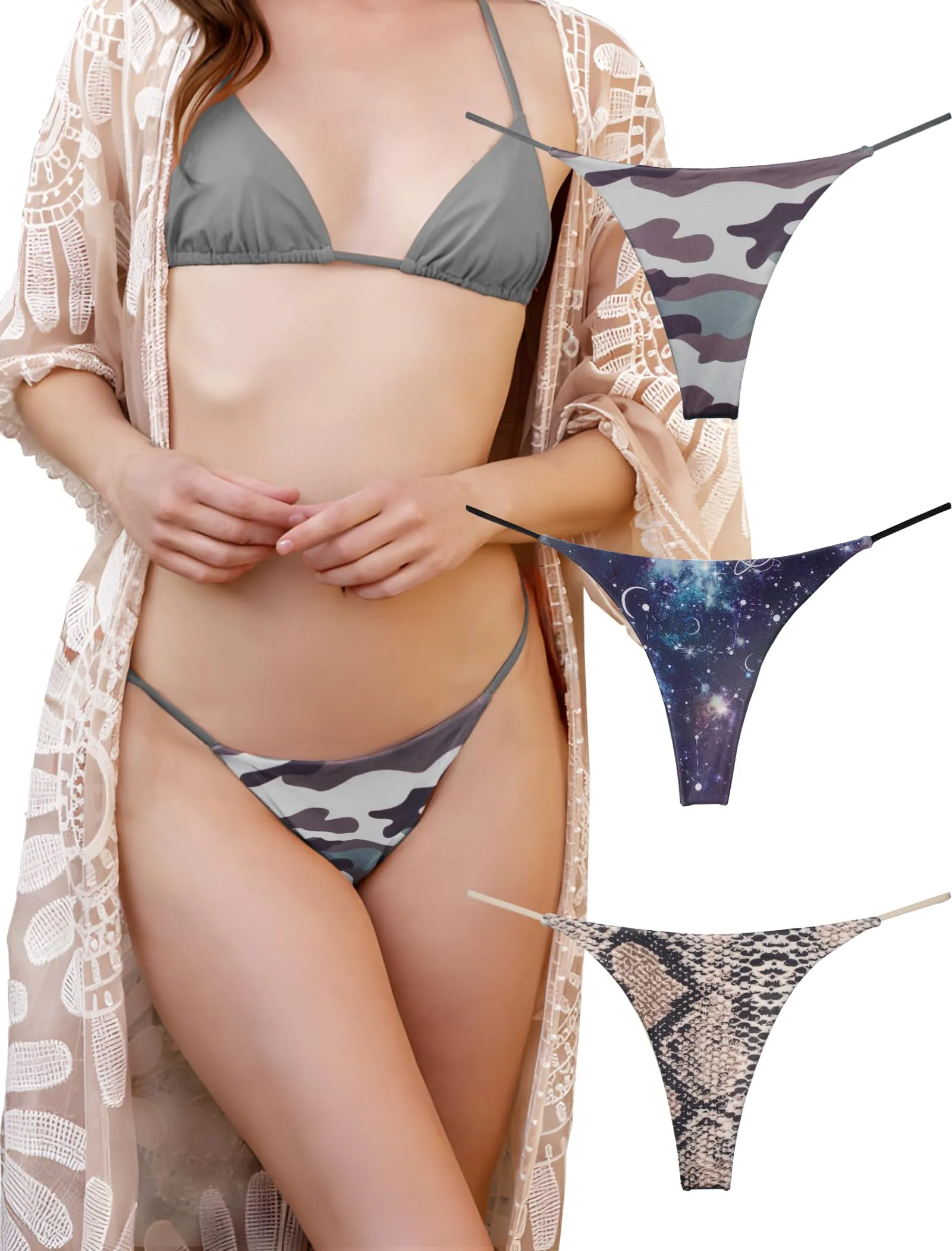 KUKU PANDA Perizoma da Donna Filo Tanga in Cotone Senza Cuciture, Pacco da 3, Mimetico Serpente Galattico, Medium - immagine 1