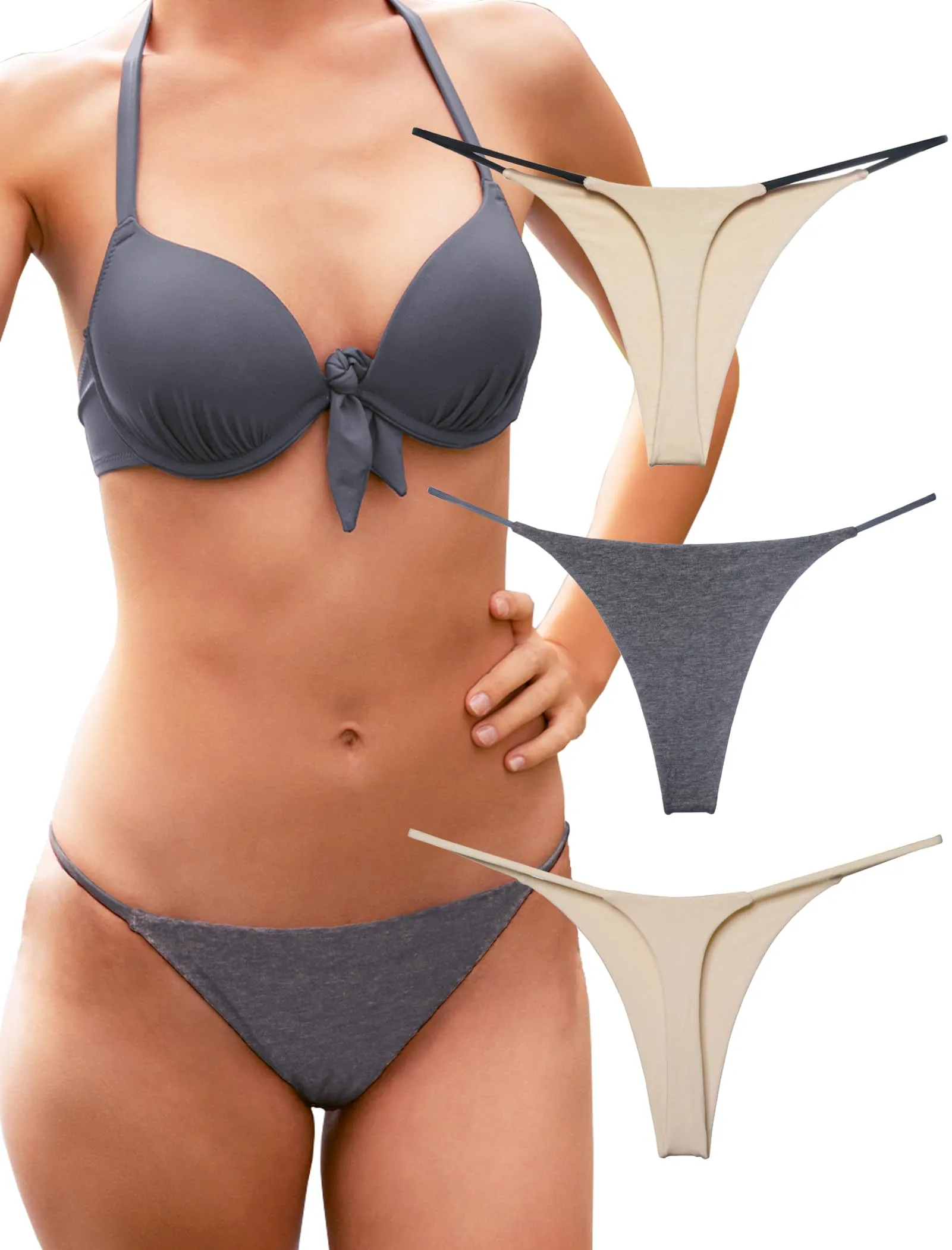 KUKU PANDA Perizoma da Donna Filo Tanga in Cotone Senza Cuciture, Pacco da 3, Serie Bare & Grey, Large - immagine 1