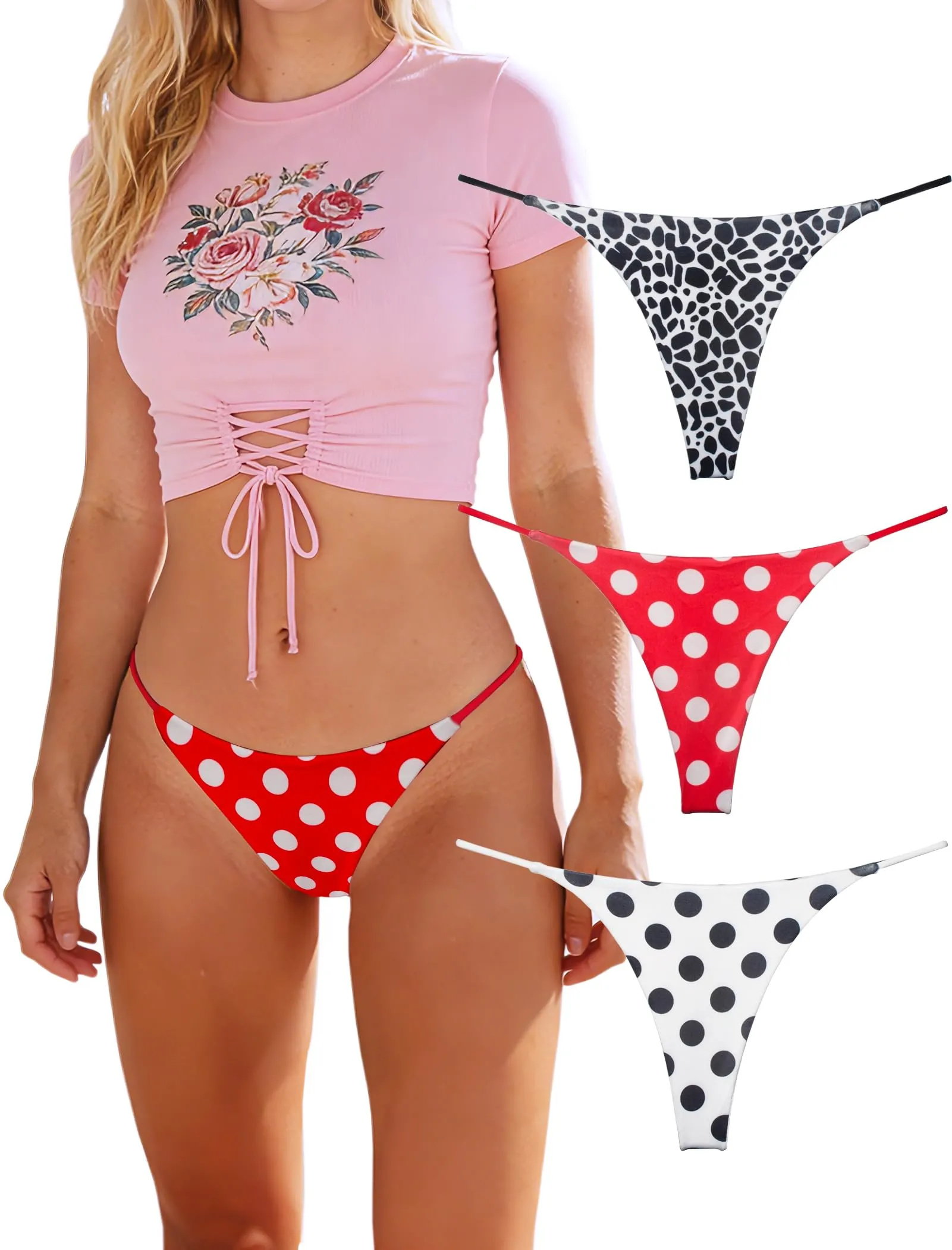 KUKU PANDA Perizoma da Donna in Cotone Senza Cuciture, Pacco da 3 Slip, Serie Motivo A Punti, Large - immagine 1