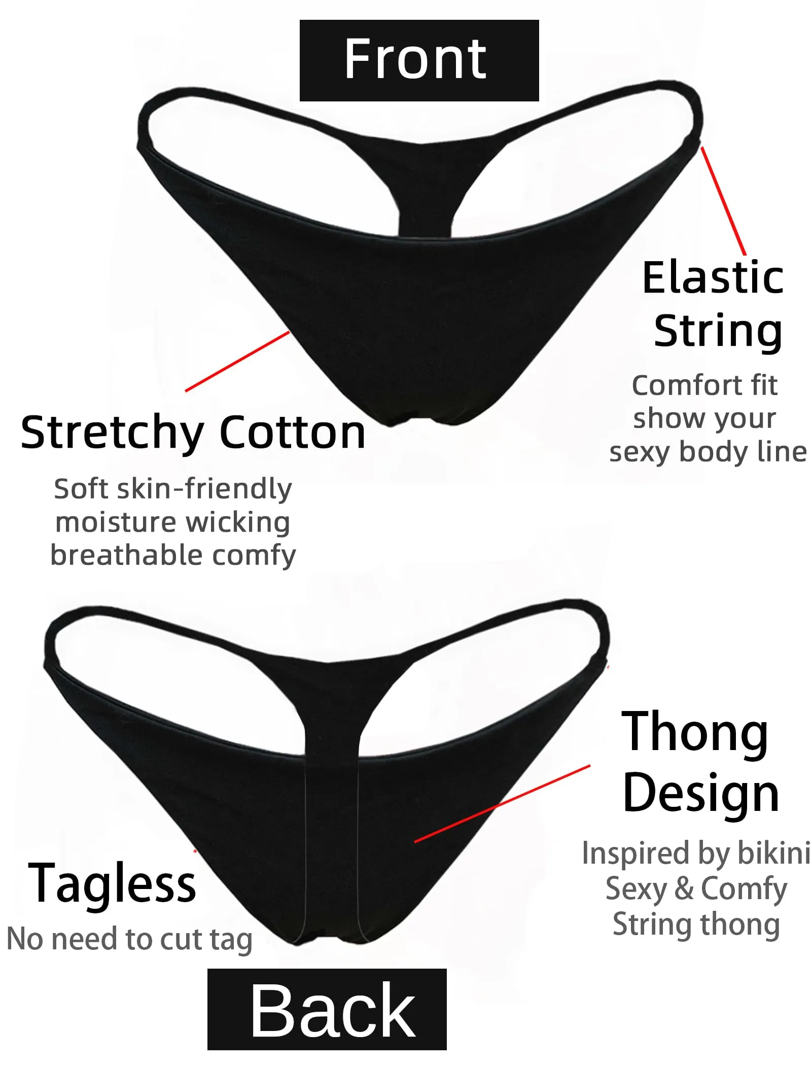 KUKU PANDA Perizoma Tanga in Cotone Senza Cuciture, Pacco da 3 (Nero, Rosso, Bianco, XL) - immagine 9