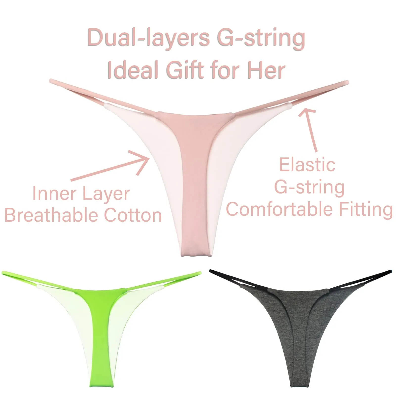 KUKU PANDA Perizoma da Donna Filo Tanga in Cotone Senza Cuciture, Pacco da 3 (Rosa Verde Grigio, XL) - immagine 8