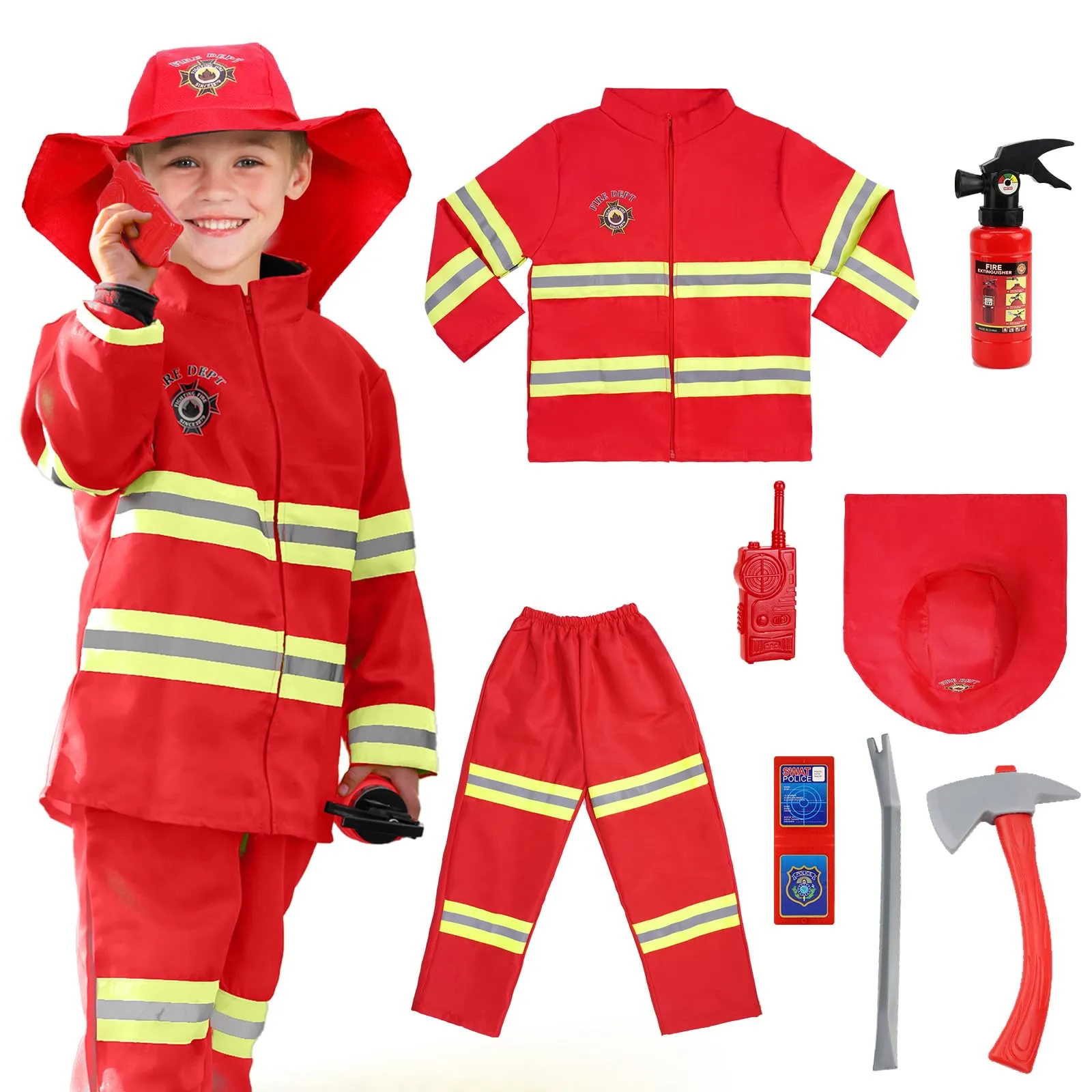 AYBUY Costume da Pompiere per Bambini con 8 Accessori, Rosso, 110CM - immagine 1