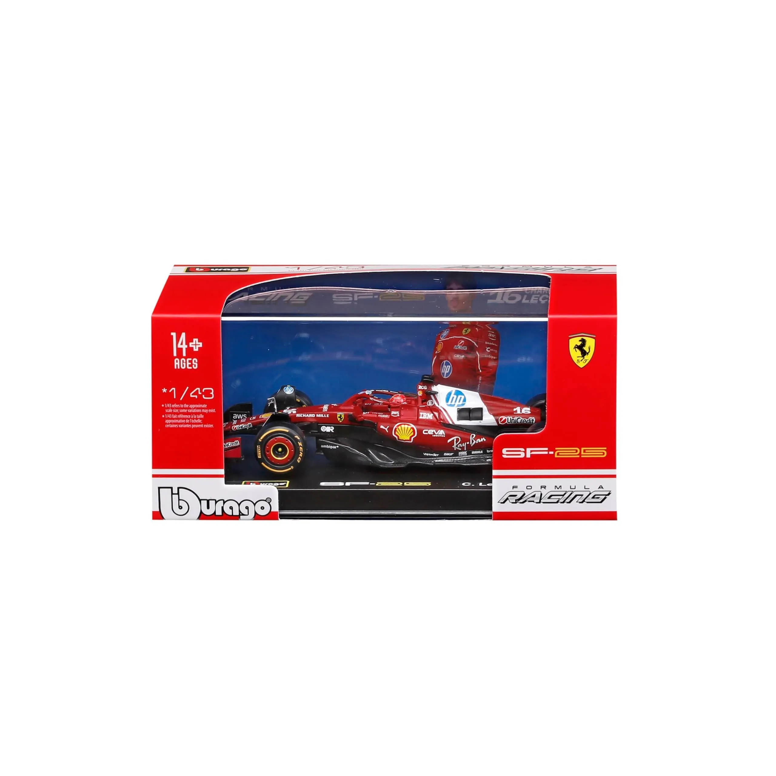 Bburago Ferrari SF-25 F1 2025 #16 Leclerc with Helmet, Diecast Car 1:43 Scale with Display Case and Base - immagine 4