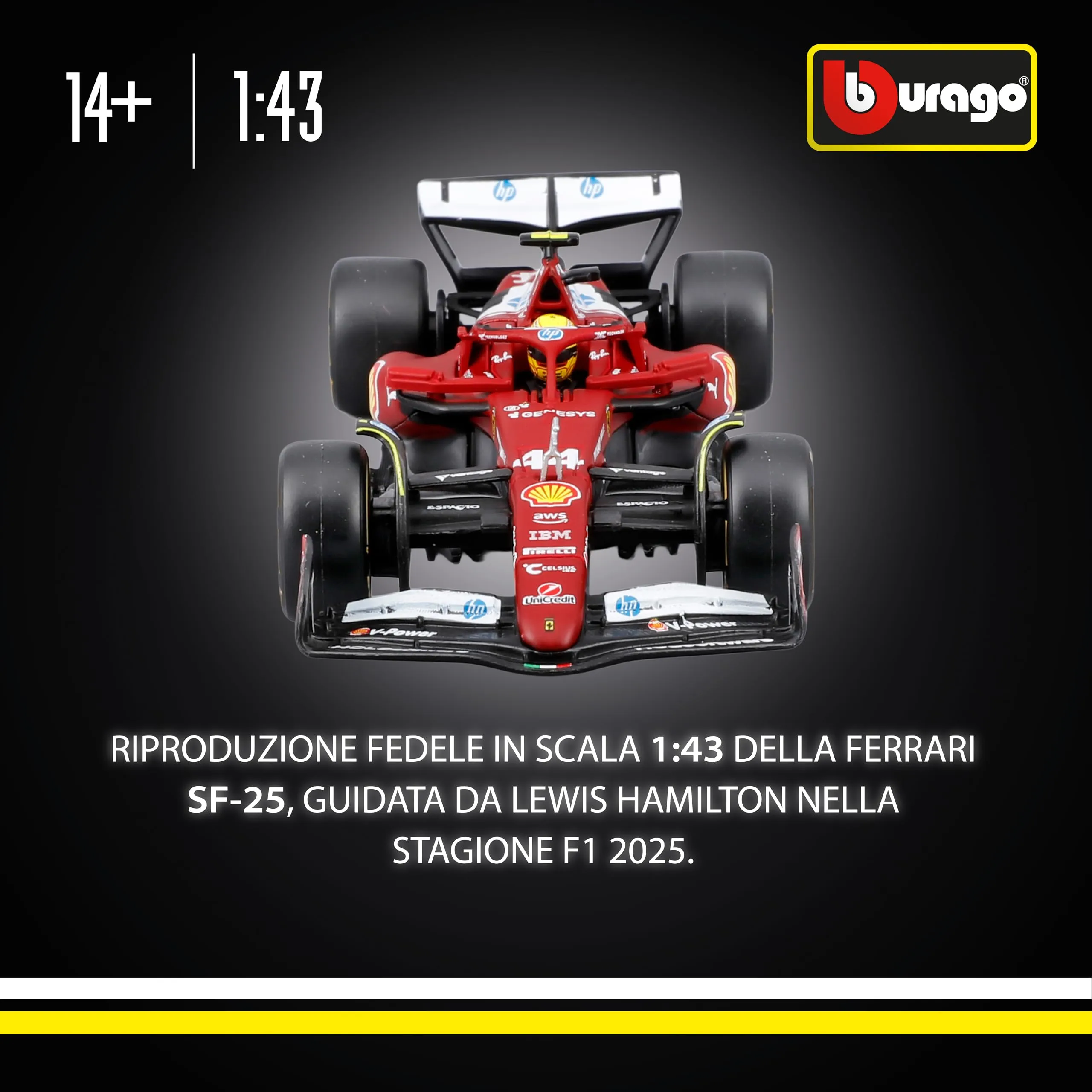Bburago Ferrari SF-25 F1 2025 #44 Hamilton with Helmet, Diecast Car 1:43 Scale with Case and Base - immagine 2