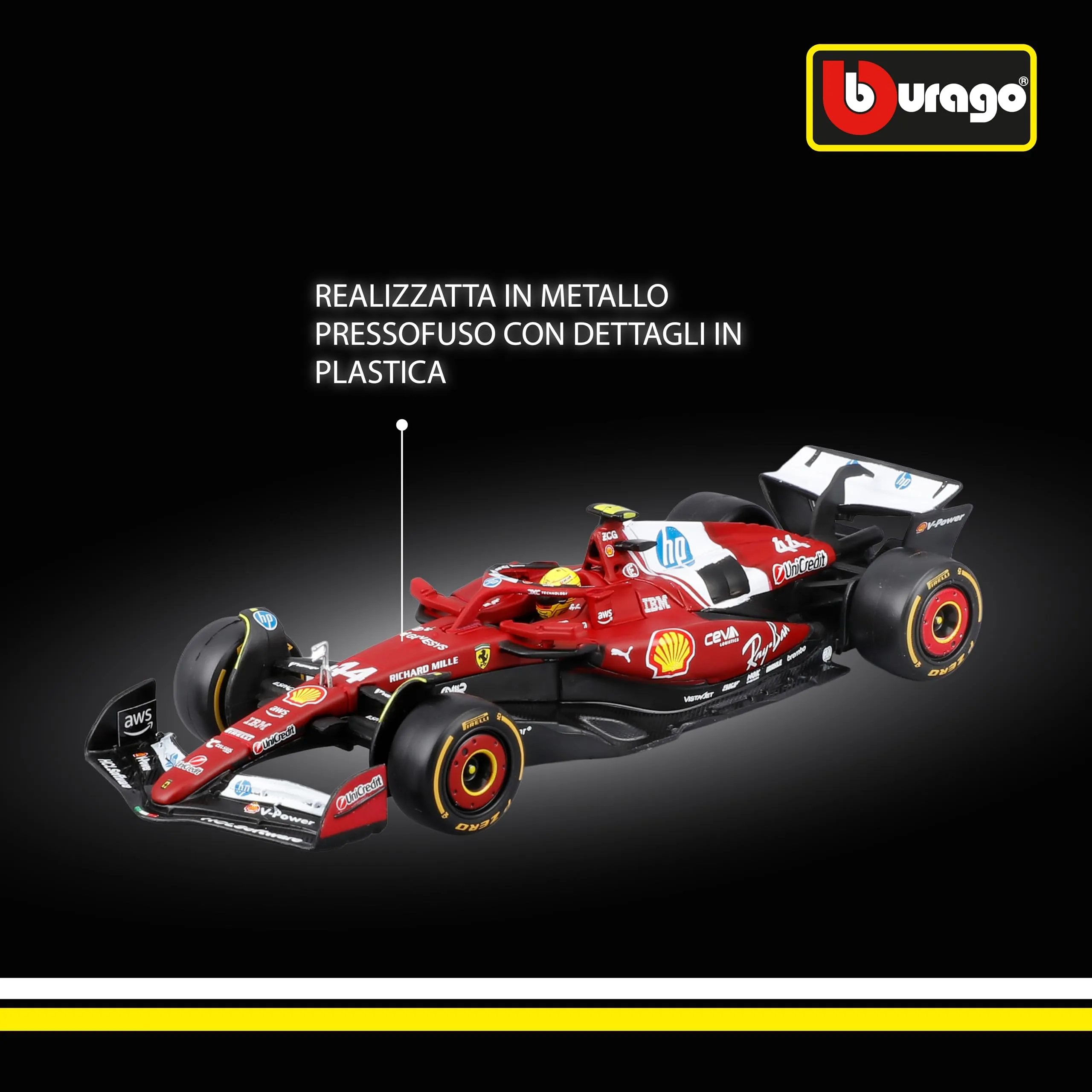Bburago Ferrari SF-25 F1 2025 #44 Hamilton with Helmet, Diecast Car 1:43 Scale with Case and Base - immagine 4