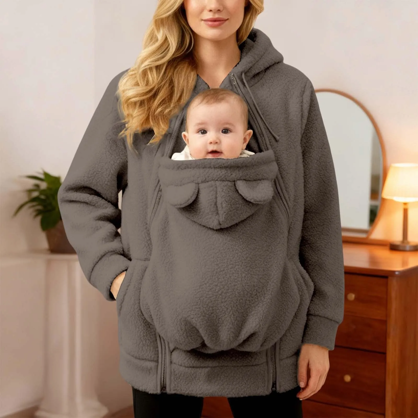 pvucpot Felpa con Cappuccio Premaman 3 in 1, Giacca Invernale per Mamma e Bambino - immagine 5