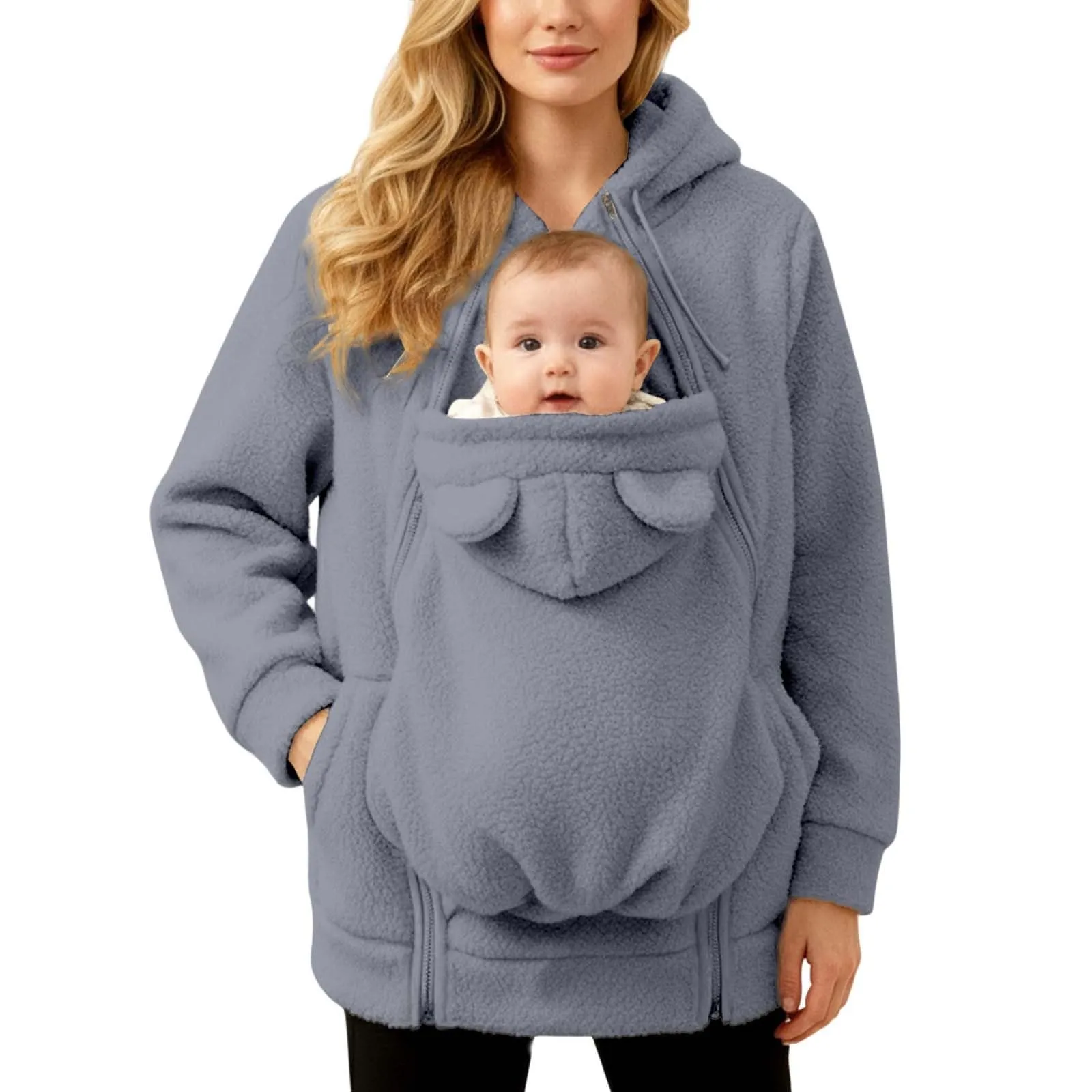 pvucpot Felpa con Cappuccio Premaman 3 in 1 Giacca Invernale per Mamma e Bambino, Grigio, XXL - immagine 2