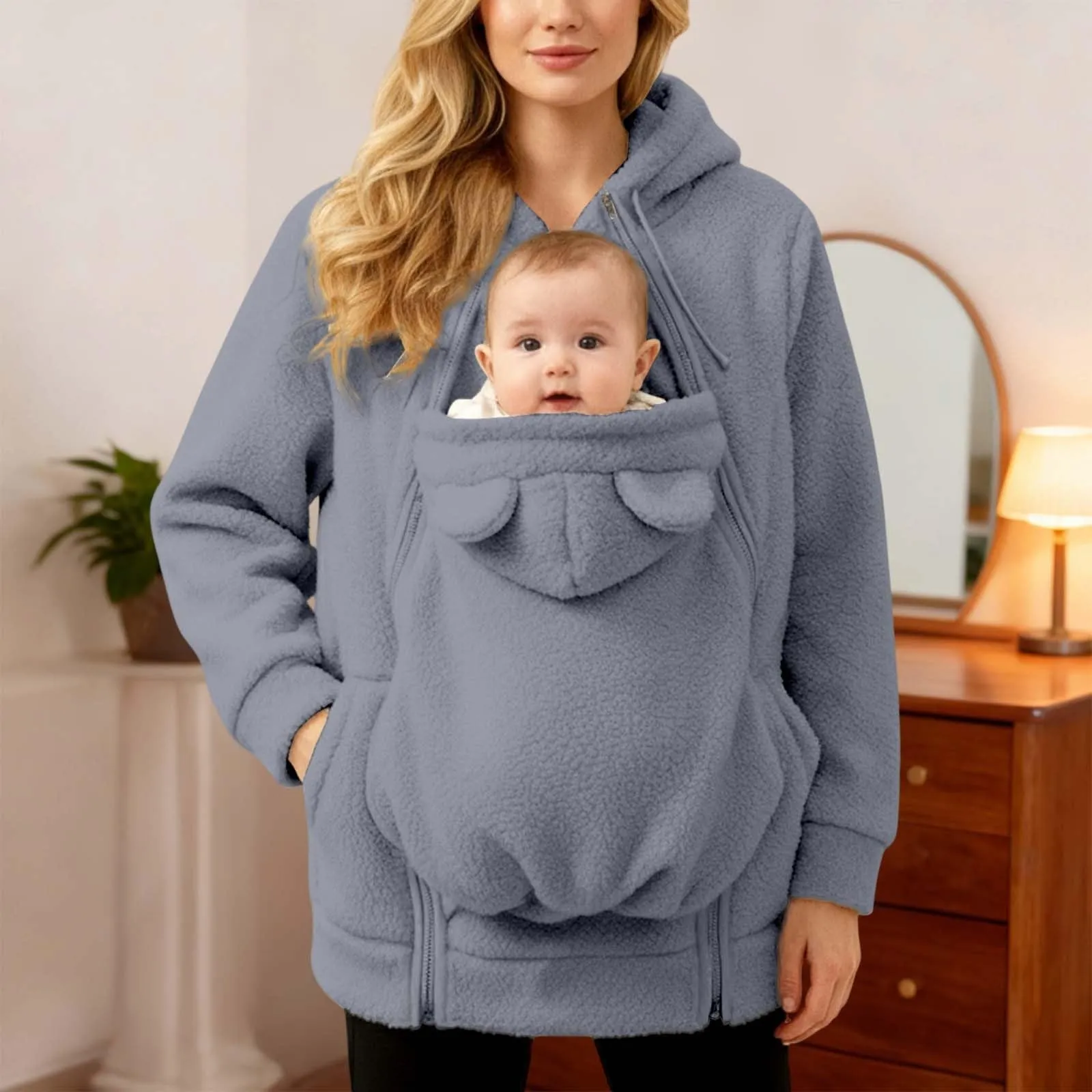 pvucpot Felpa con Cappuccio Premaman 3 in 1 Giacca Invernale per Mamma e Bambino, Grigio, XXL - immagine 5