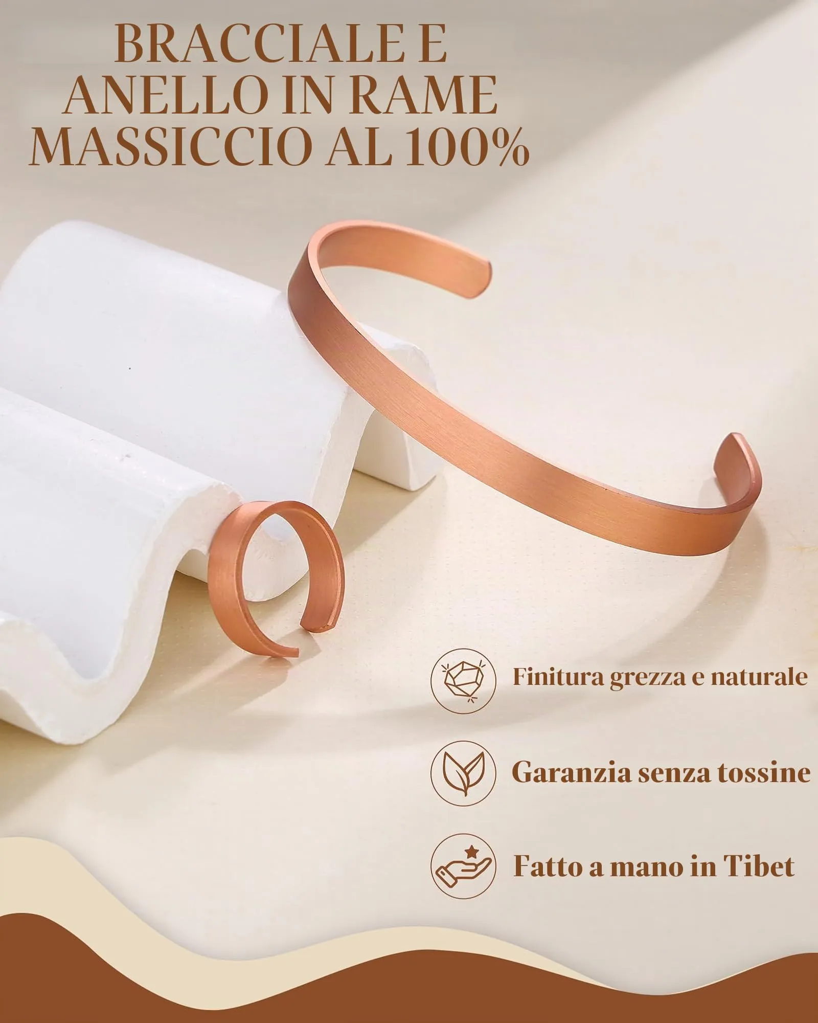 BioMag Braccialetto e Anello in Rame Puro, Bangle Tibetano Martellato Fatto a Mano, Medio, Rame - immagine 2