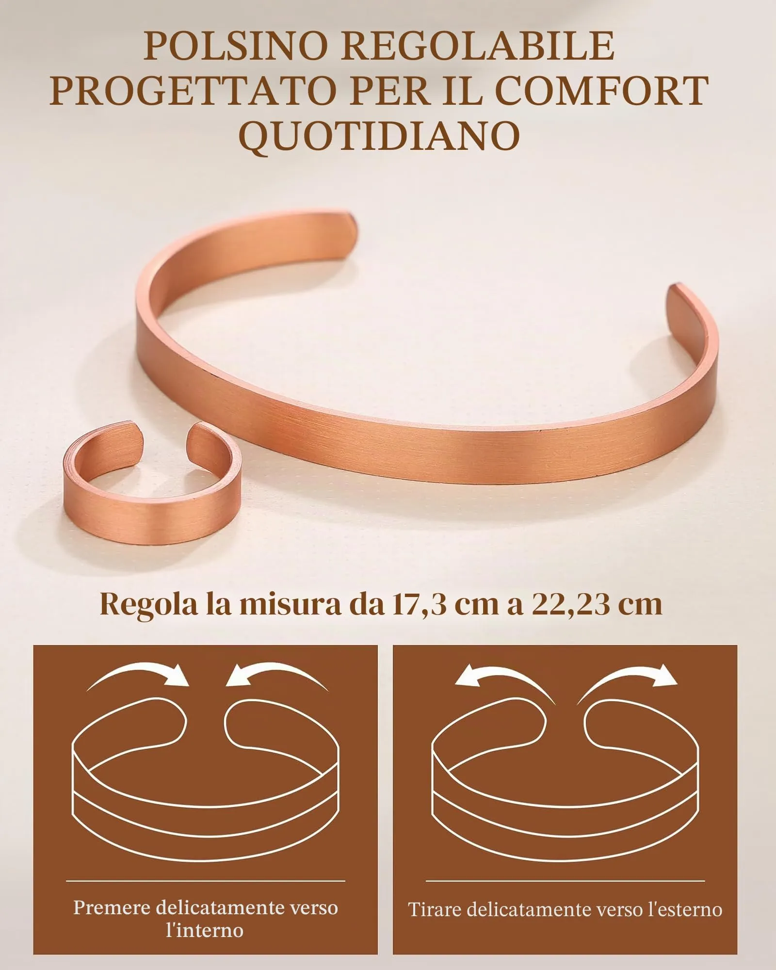 BioMag Braccialetto e Anello in Rame Puro, Bangle Tibetano Martellato Fatto a Mano, Medio, Rame - immagine 3