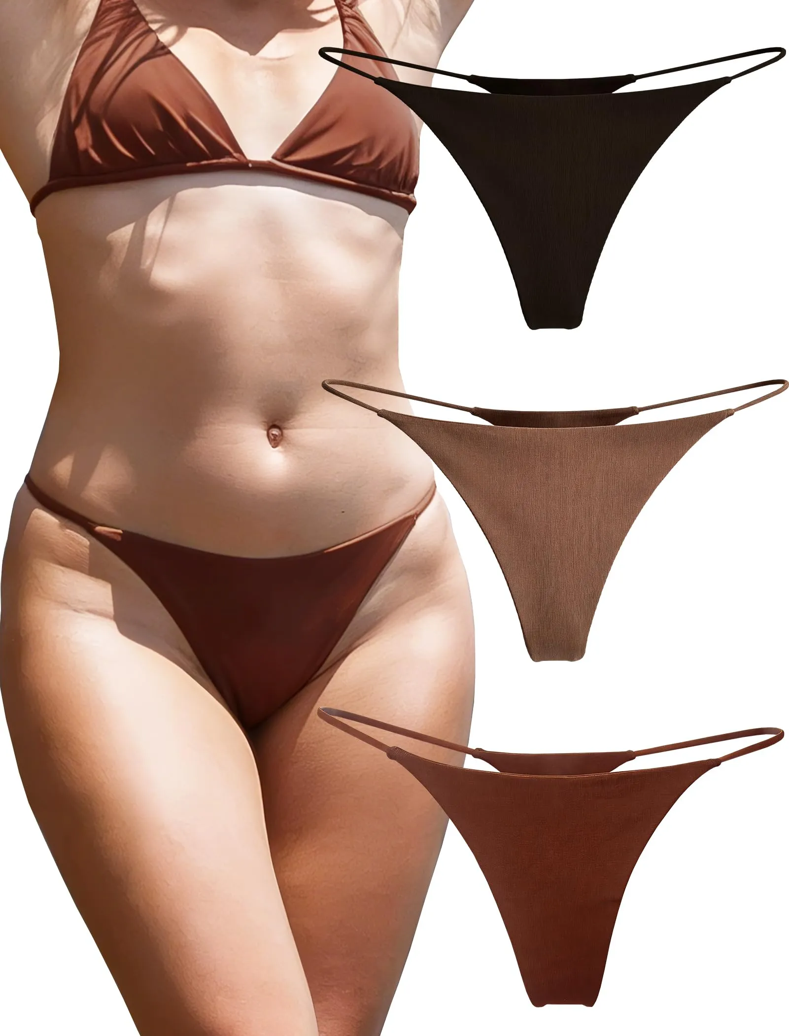 KUKU PANDA Perizoma da Donna Filo Tanga in Cotone Senza Cuciture, Pacco da 3 (Richhazel/Marrone/Nero, Large) - immagine 1