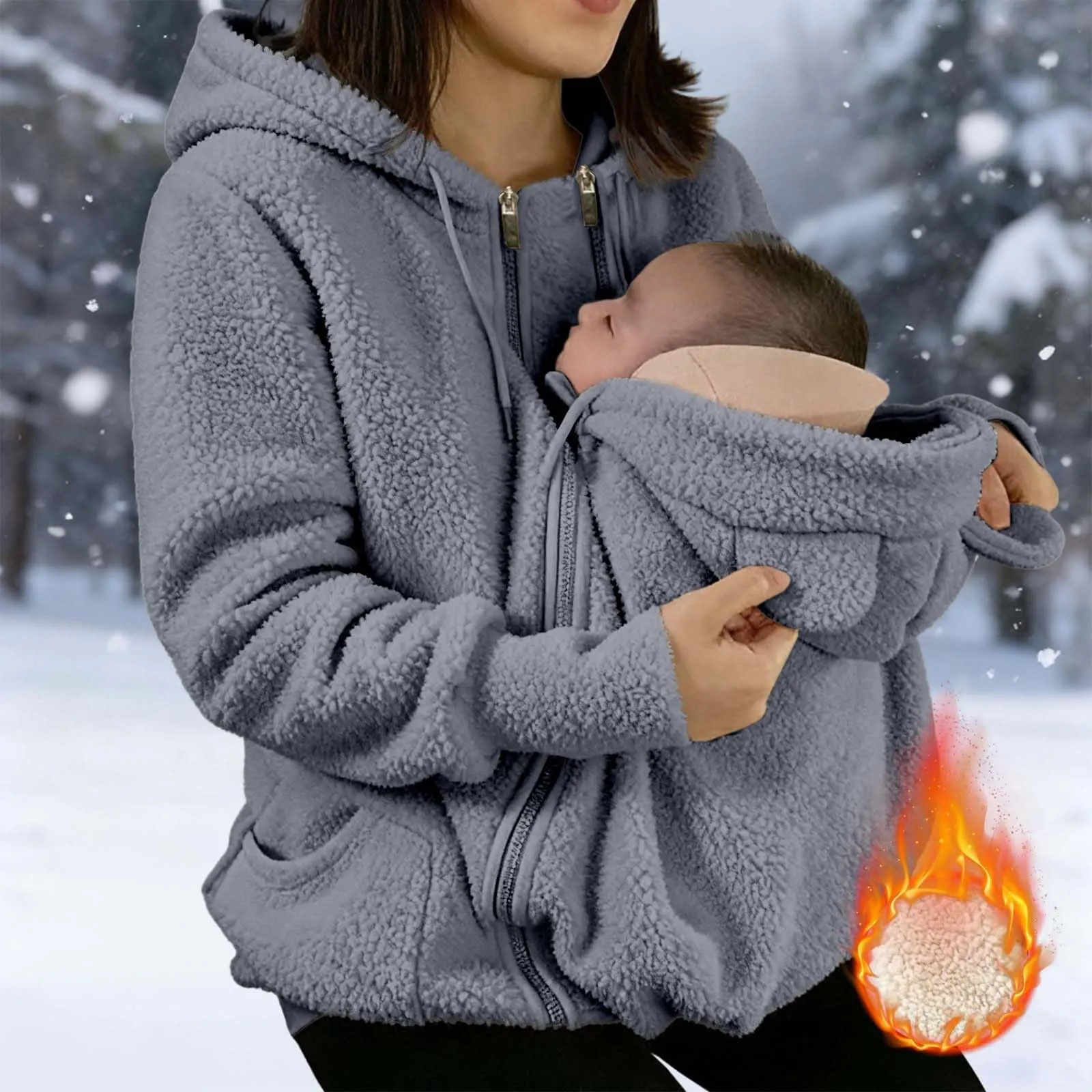 pvucpot Felpa con Cappuccio Premaman 3 in 1, Giacca Invernale per Mamma e Bambino, Grigio - immagine 3
