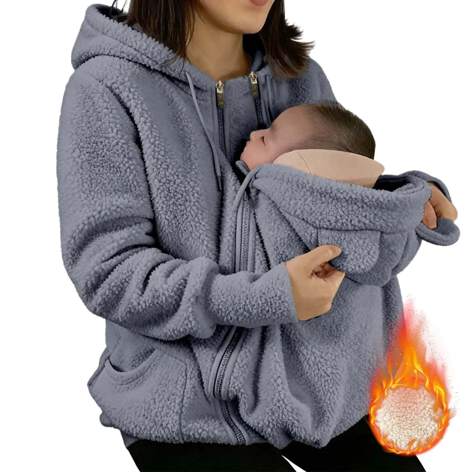 pvucpot Felpa con Cappuccio Premaman 3 in 1, Giacca Invernale per Mamma e Bambino, Grigio, L - immagine 4