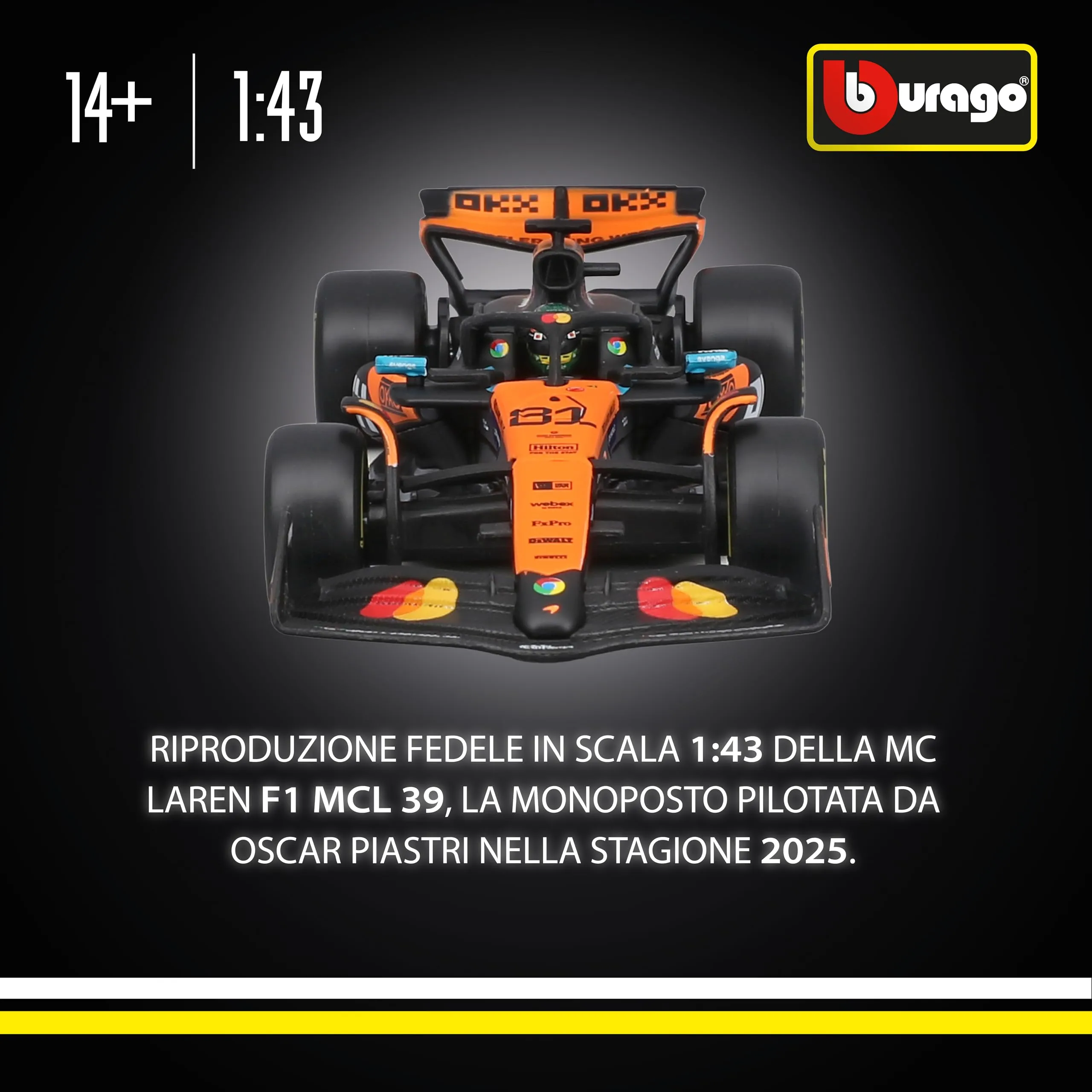 Bburago McLaren F1 MCL39 2025 #81 Piastri 1:43 Diecast Model with Display Case - immagine 2