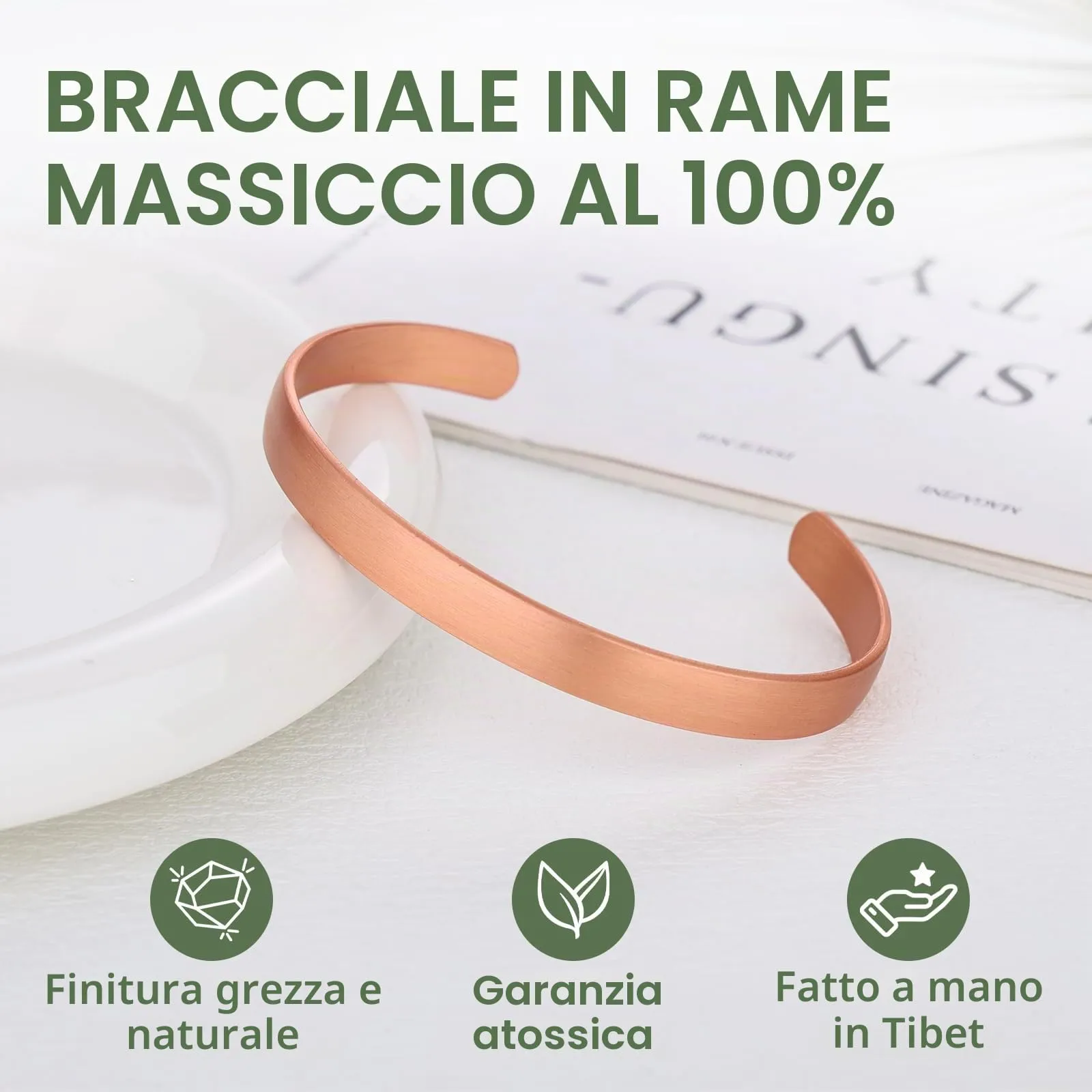 BioMag Braccialetto e Anello in Rame Puro, Bangle Tibetano Martellato Fatto a Mano, Medio, Rame - immagine 2