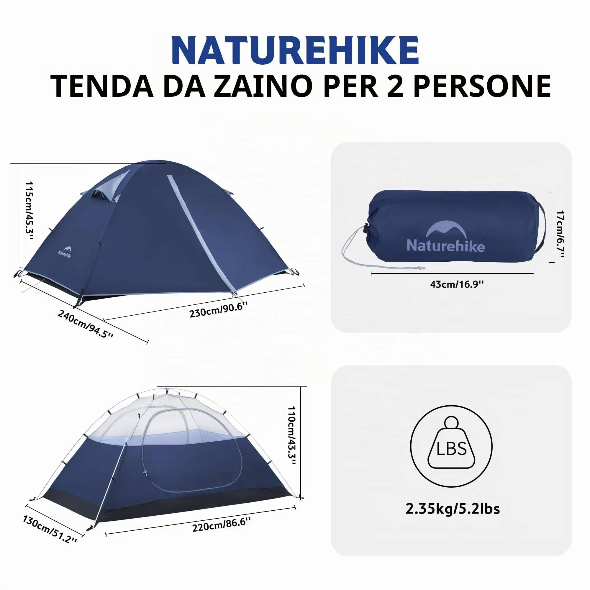 Naturehike Bleik Tenda a Cupola 2 Persone, Impermeabile 3000 mm, Blu - immagine 8