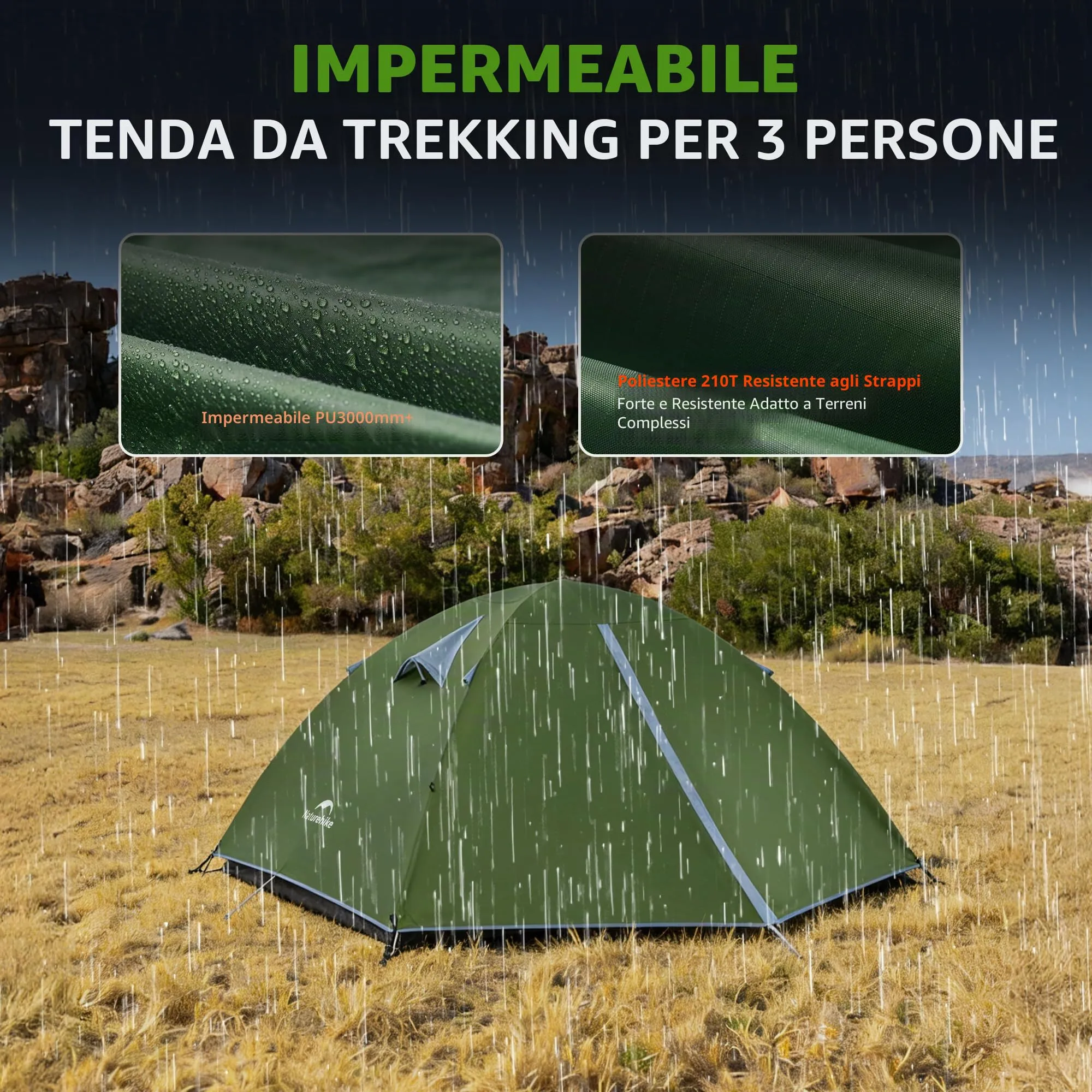 Naturehike Blyk Tenda a Cupola Ultralight, Impermeabile 3000 mm, 2-3 Persone, Verde - immagine 5